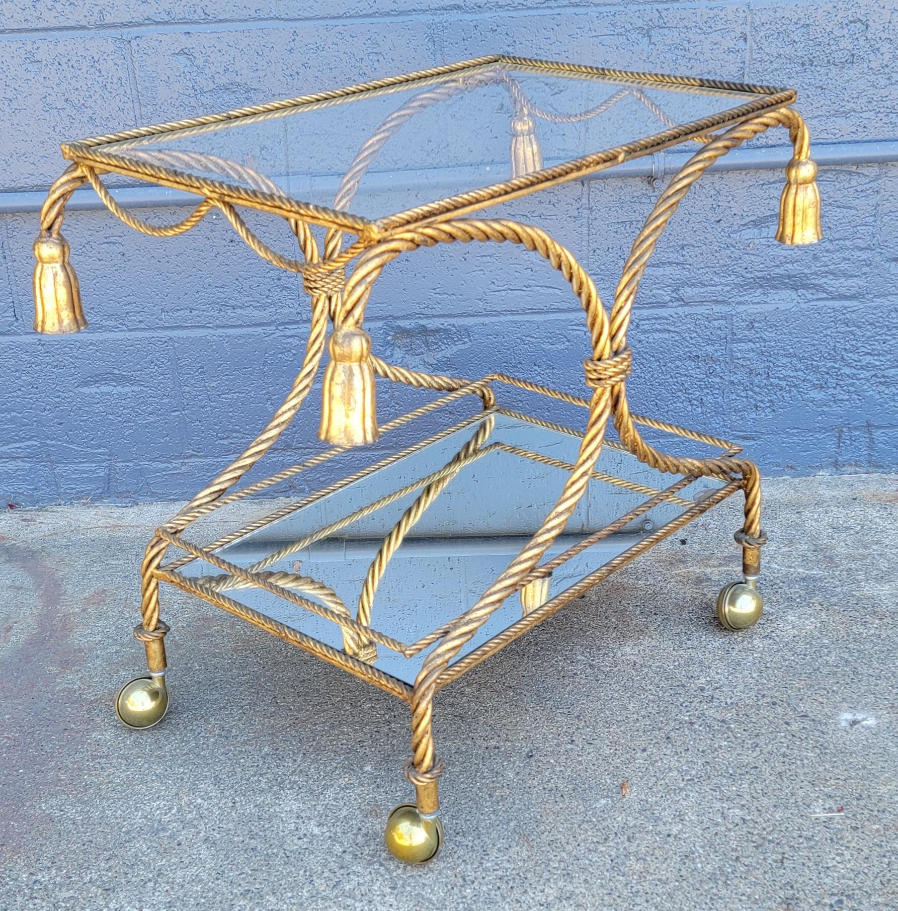 Tassel Gilt Iron Bar Cart Hollywood Regency In Good Condition For Sale In Fulton, CA