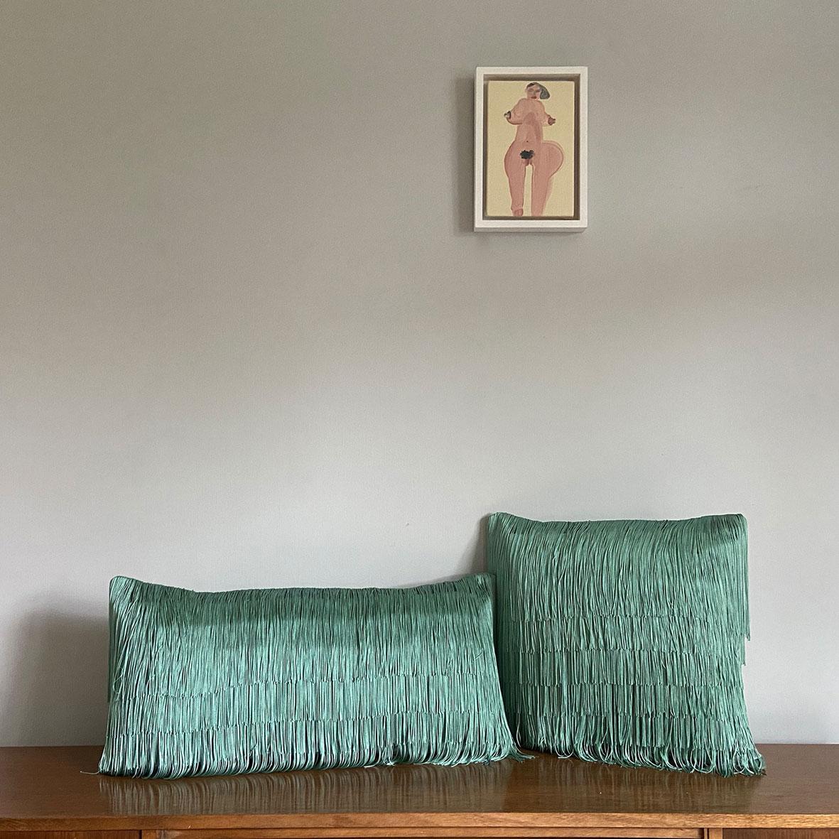 Art Deco Tassel Jade Velvet Cushion For Sale