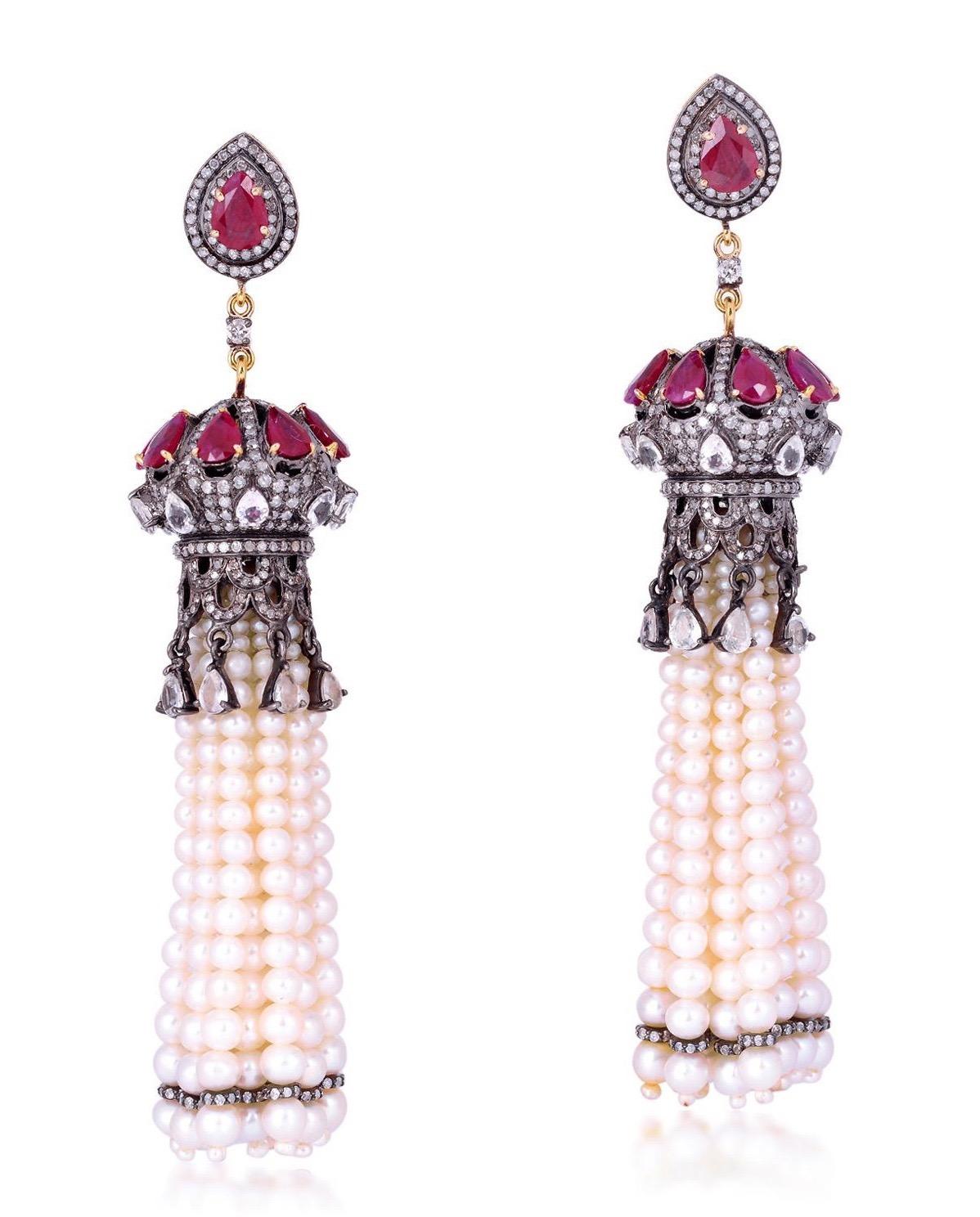 Bead Tassel Ruby Pearl 4.77 Carat Diamond Earrings For Sale