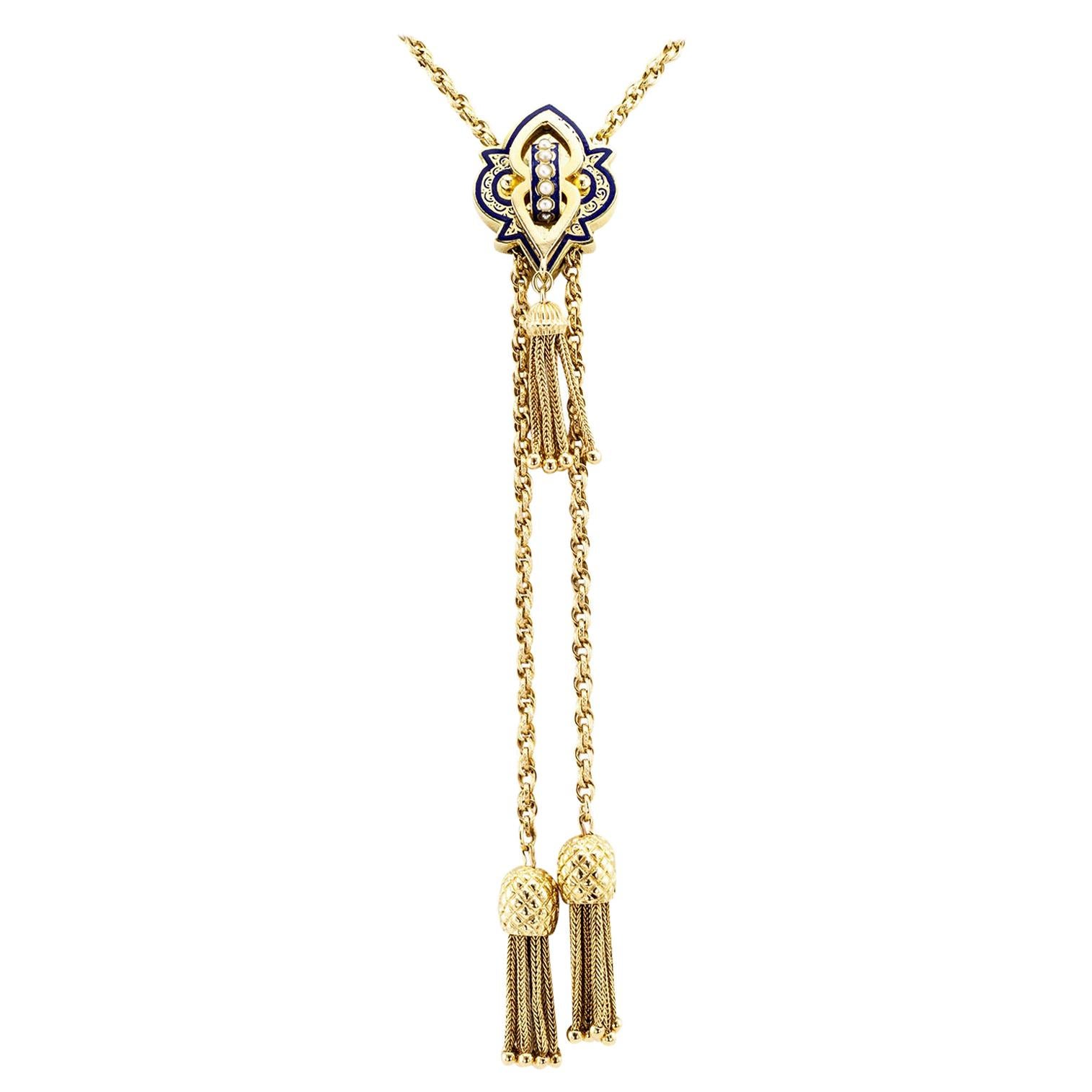 Tassel Slide Blue Enamel Pearl Yellow Gold Long Chain Necklace
