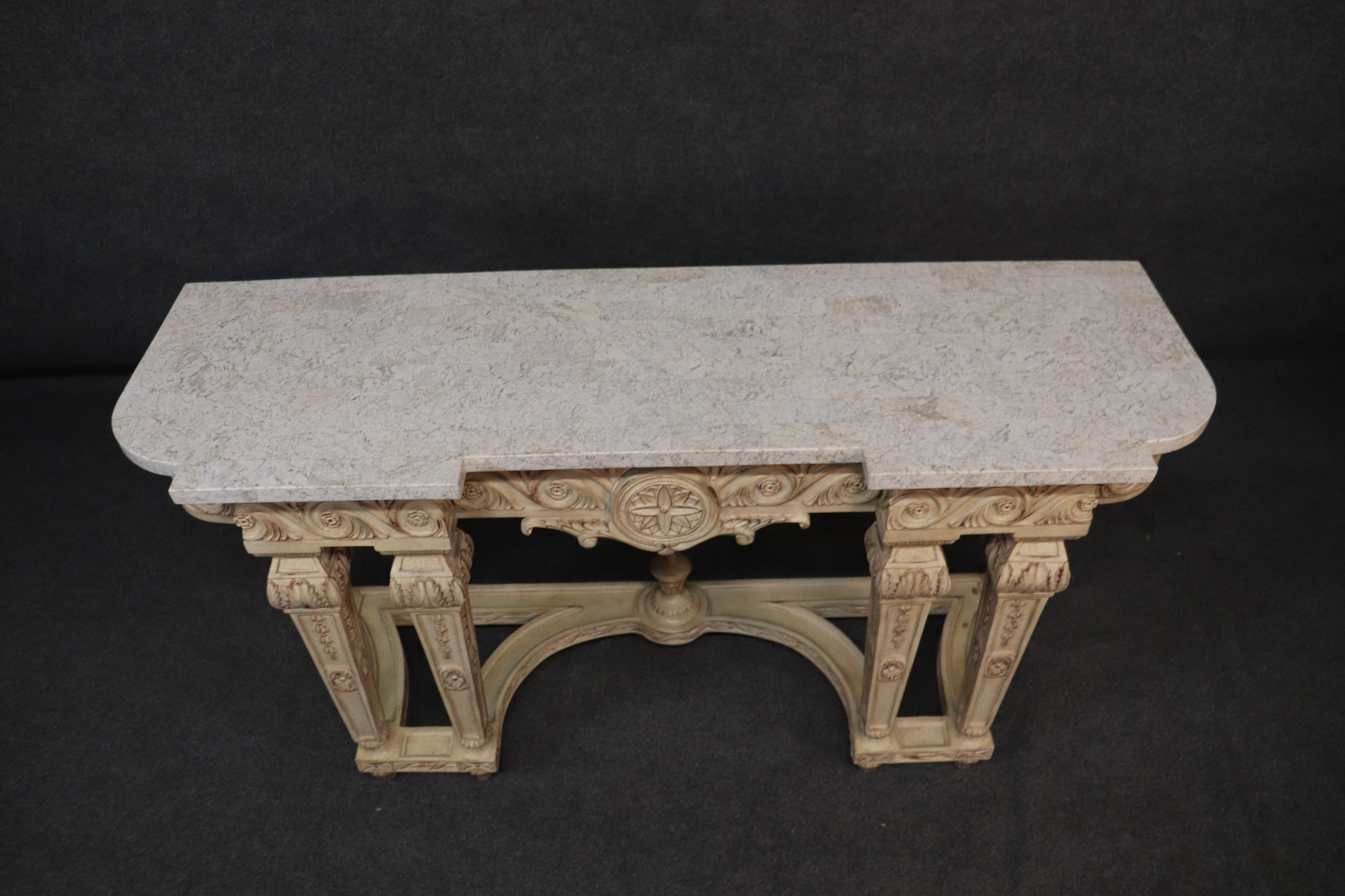 Italian Tasselated Marble Top French Louis XV Paint Decorated Console Table