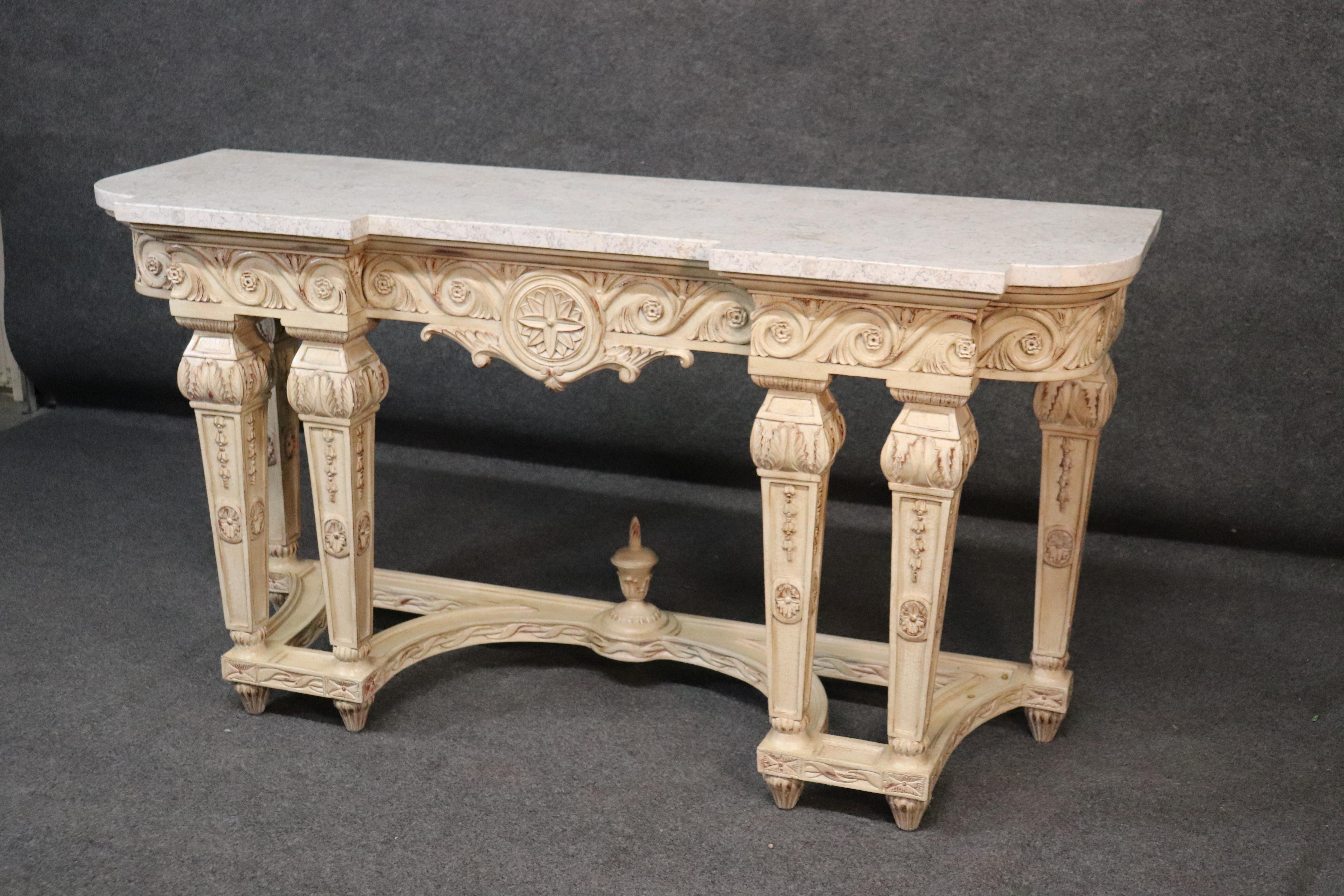 Tasselated Marble Top French Louis XV Paint Decorated Console Table In Good Condition In Swedesboro, NJ