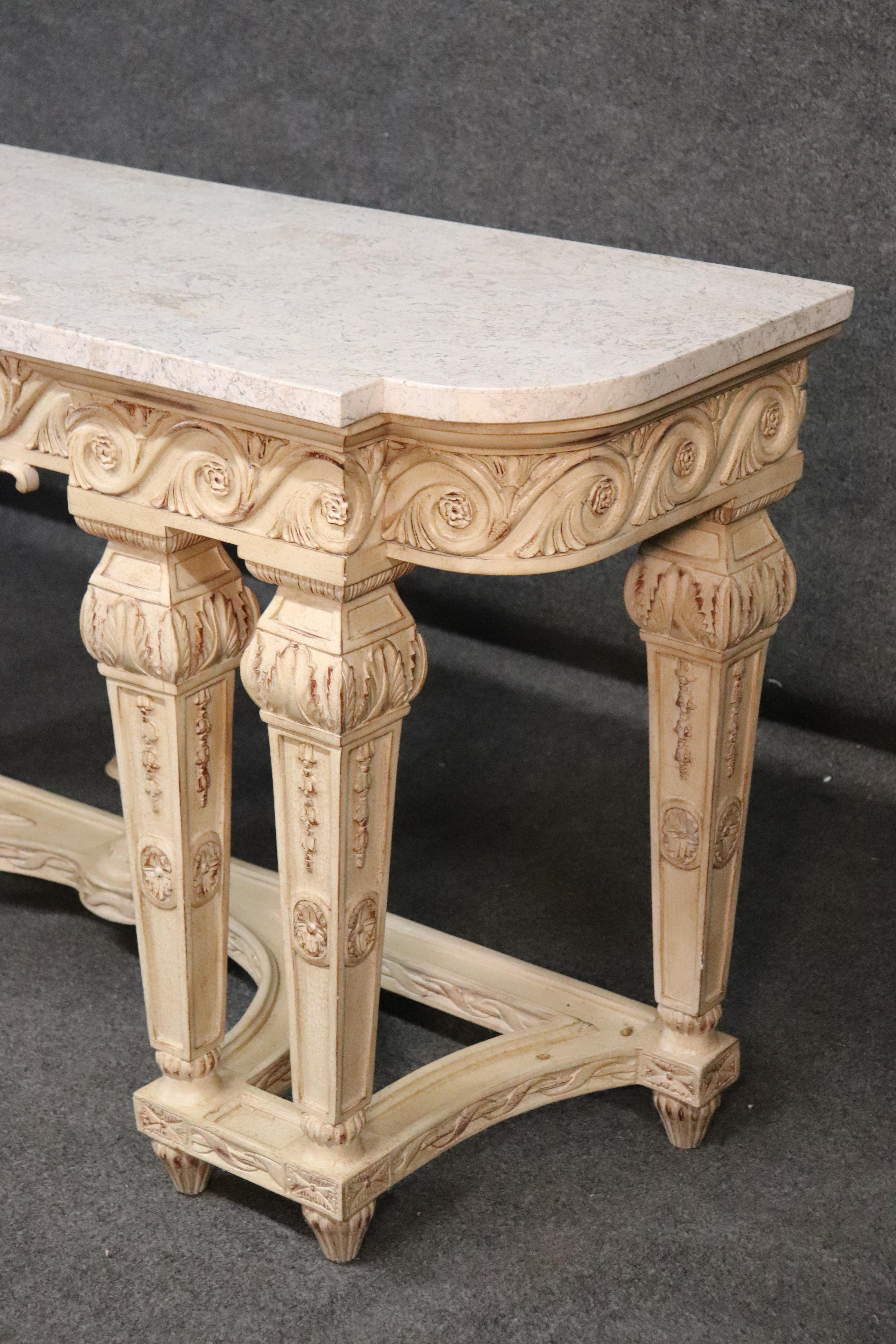 Contemporary Tasselated Marble Top French Louis XV Paint Decorated Console Table