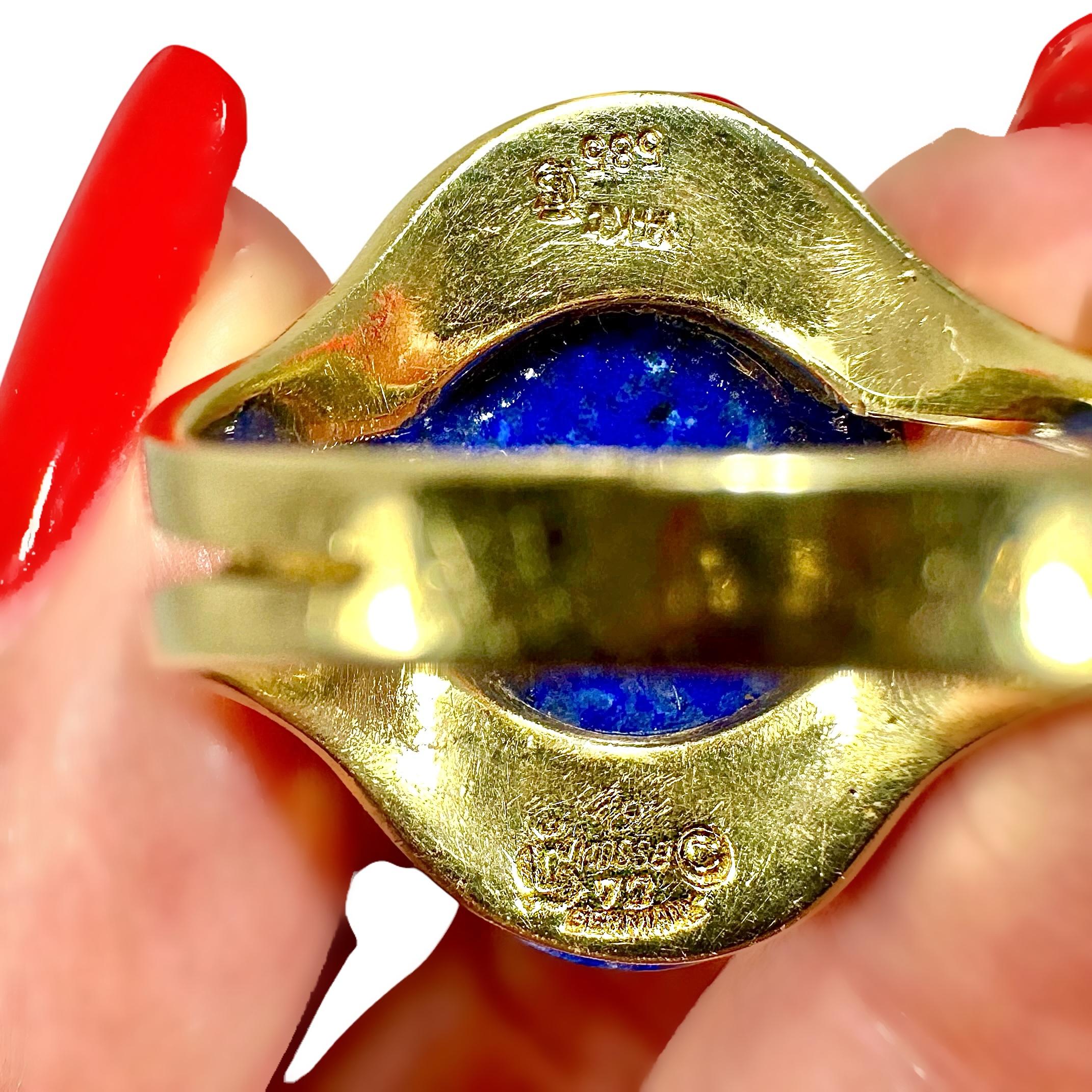 Anillo de buen gusto de oro amarillo de 14 quilates con forma ovalada de lapislázuli y diamantes fabricado en 1973 en venta 3