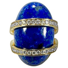 Tasteful 14K Yellow Gold Oval Shape Lapis-Lazuli & Diamond Ring Made in 1973