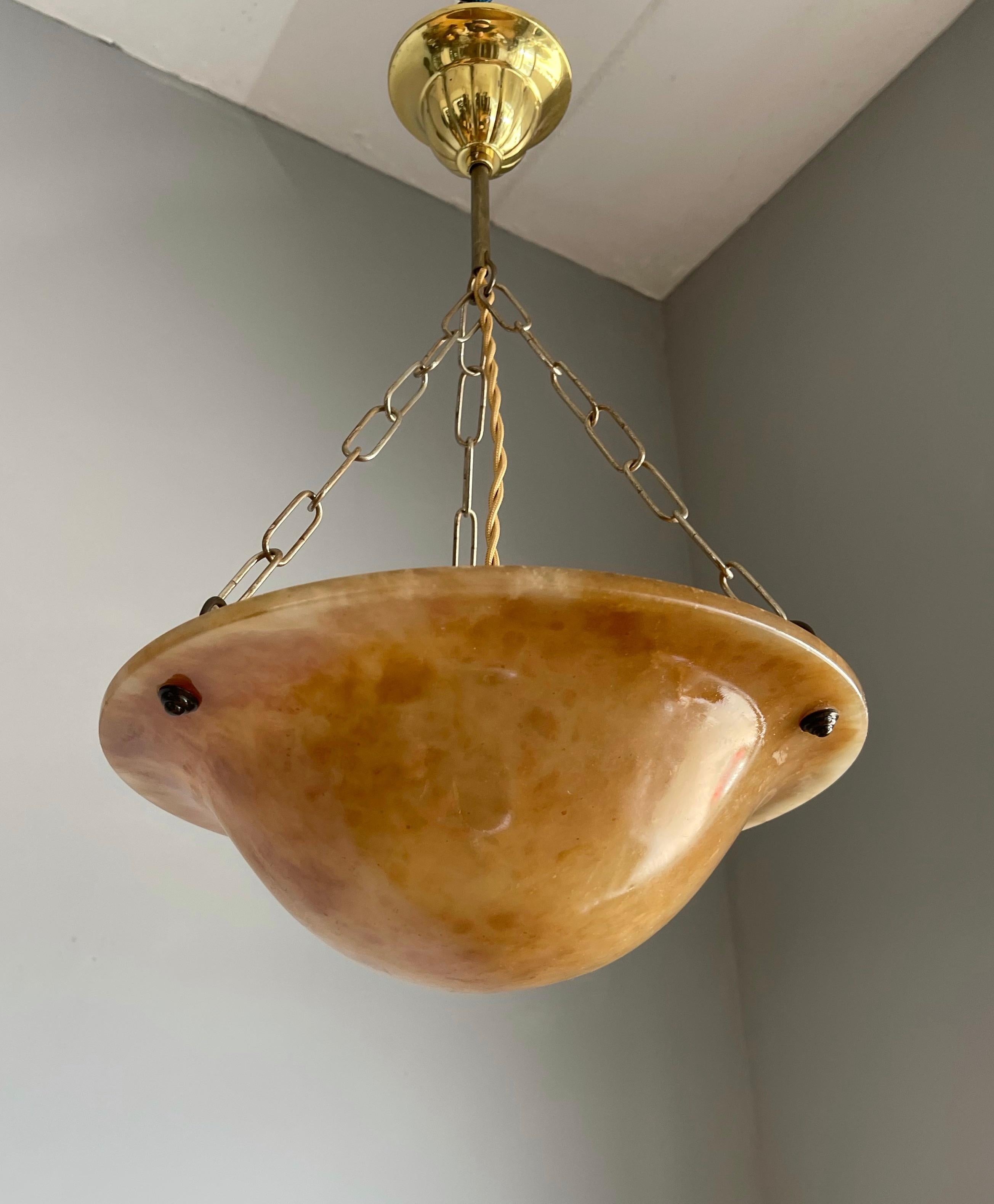 Rare lampe à suspension / plafonnier Art Déco ancien en albâtre et laiton sculpté à la main en vente 4