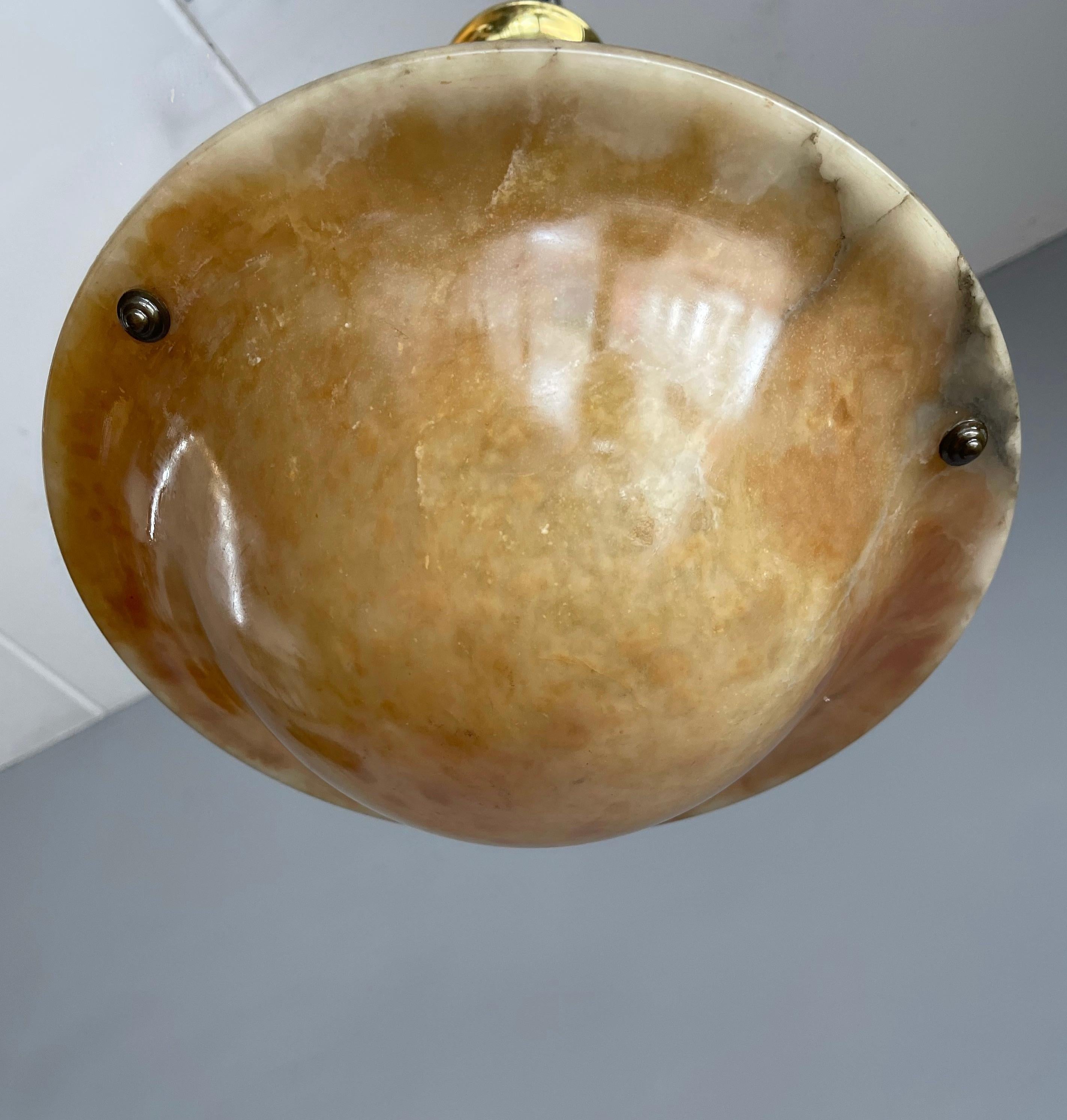 Hand-Crafted Rare Antique Hand Carved Alabaster & Brass Art Deco Pendant Light / Ceiling Lamp