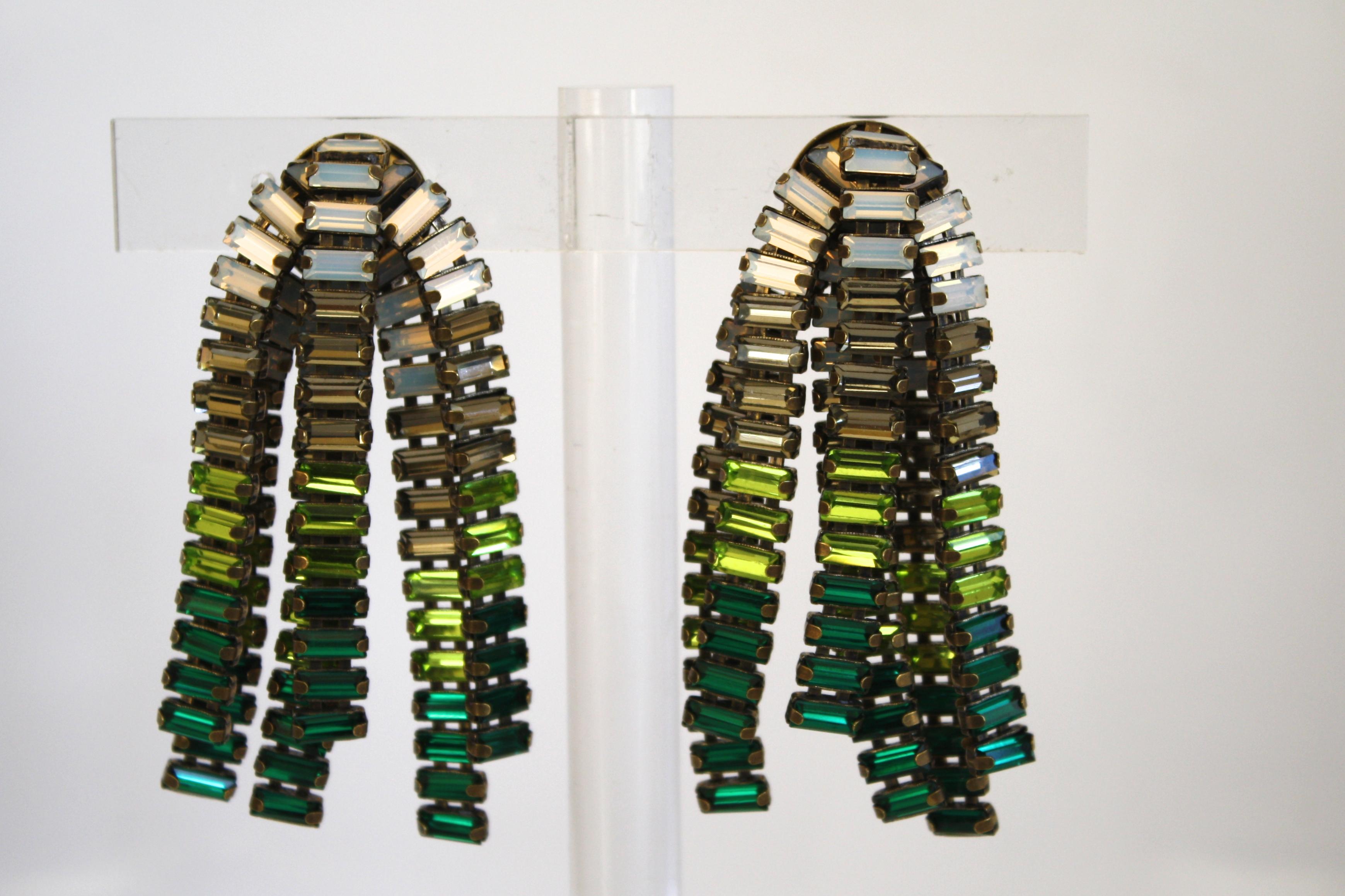 Women's Tataborello Clear, Green, and Blue Baguette Clip Earrings 