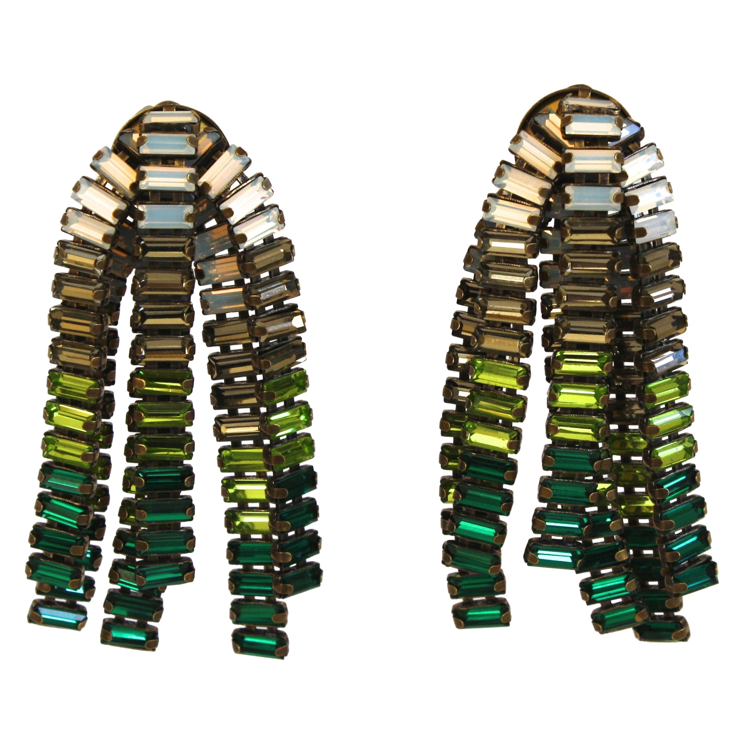 Tataborello Clear, Green, and Blue Baguette Clip Earrings 