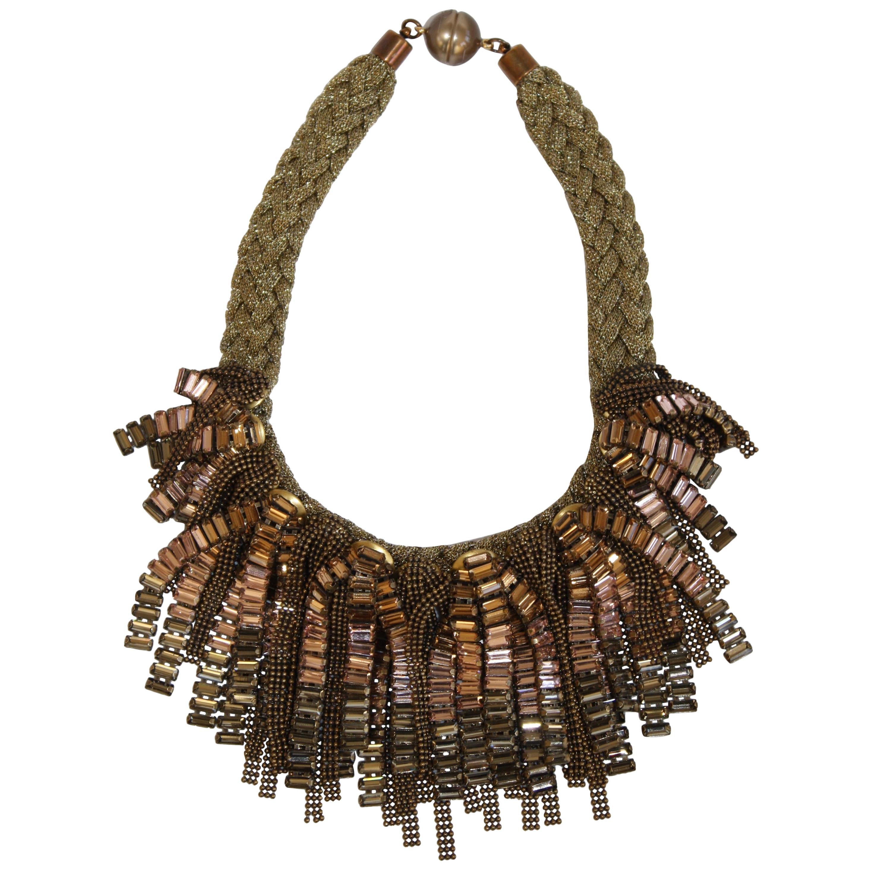 Tataborello Crystal and Metal Fringe and Braided Metal Statement Necklace For Sale