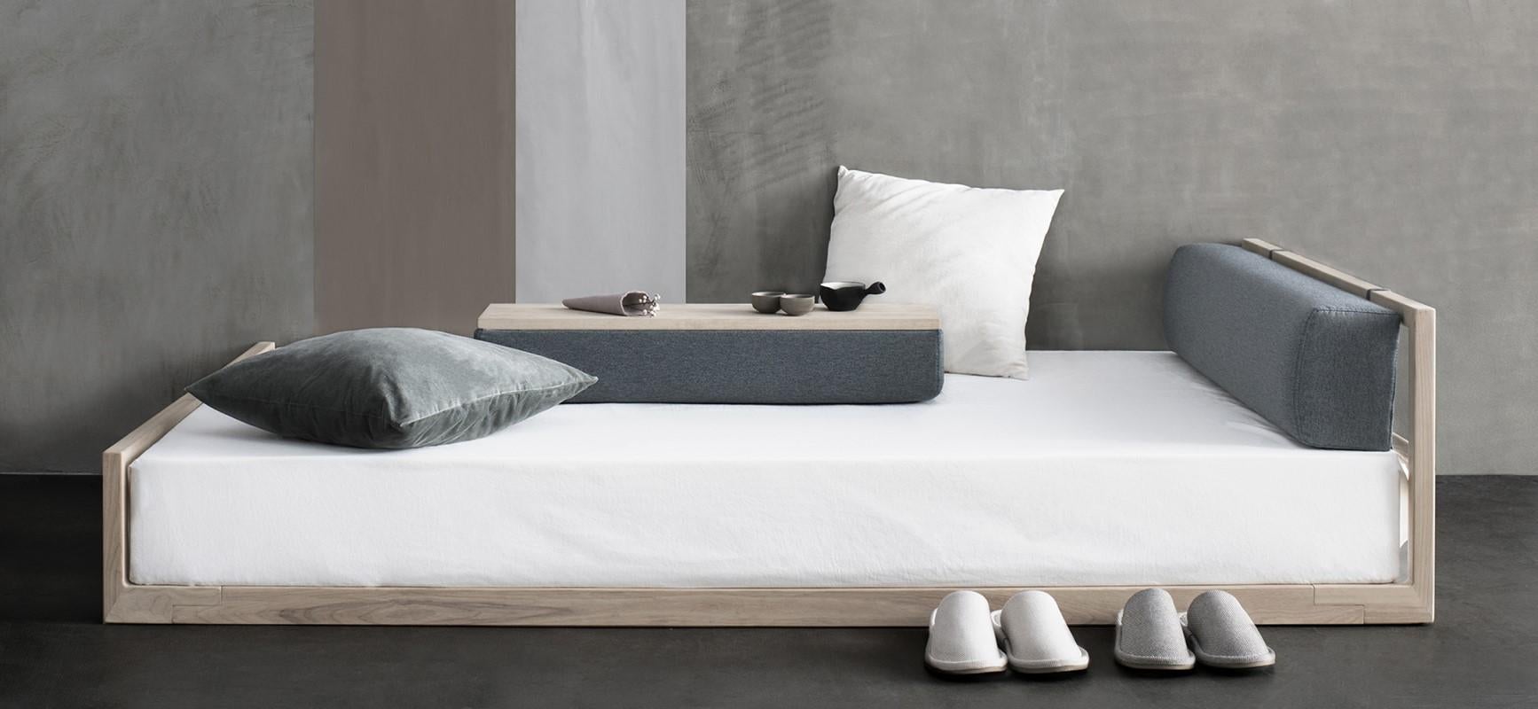 Polyester Tatami Walnut Bed Frame, Japandi Style For Sale