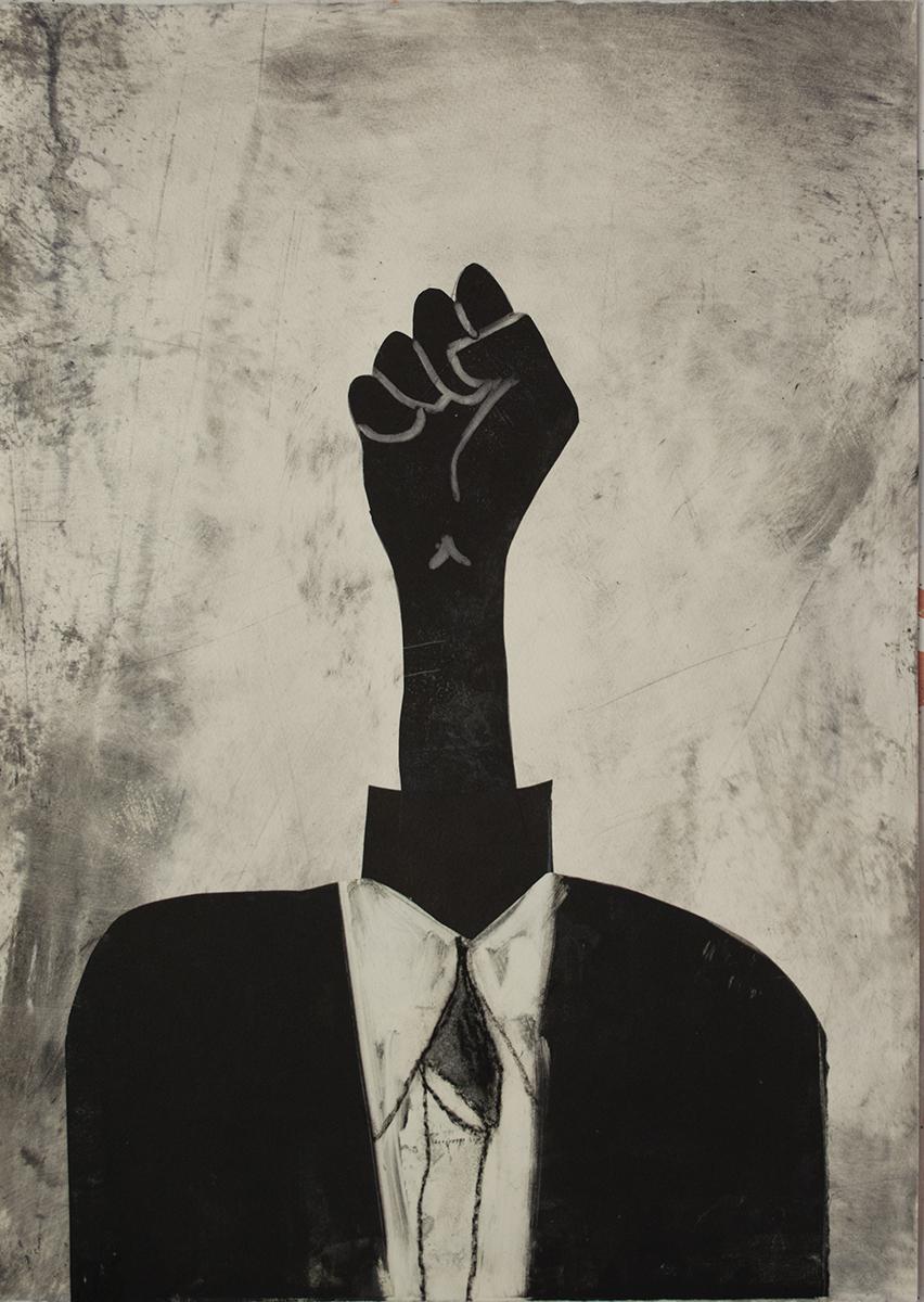 Por favor, salga, monocopia collage política mano, figurativo