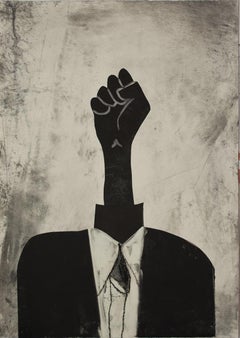 Please exit, monoprint collage politics hand, figurative