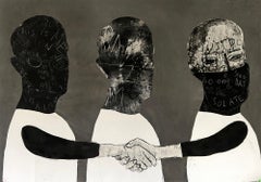 Inquietante tregua, manos tres figuras amistad abstracción monocromática