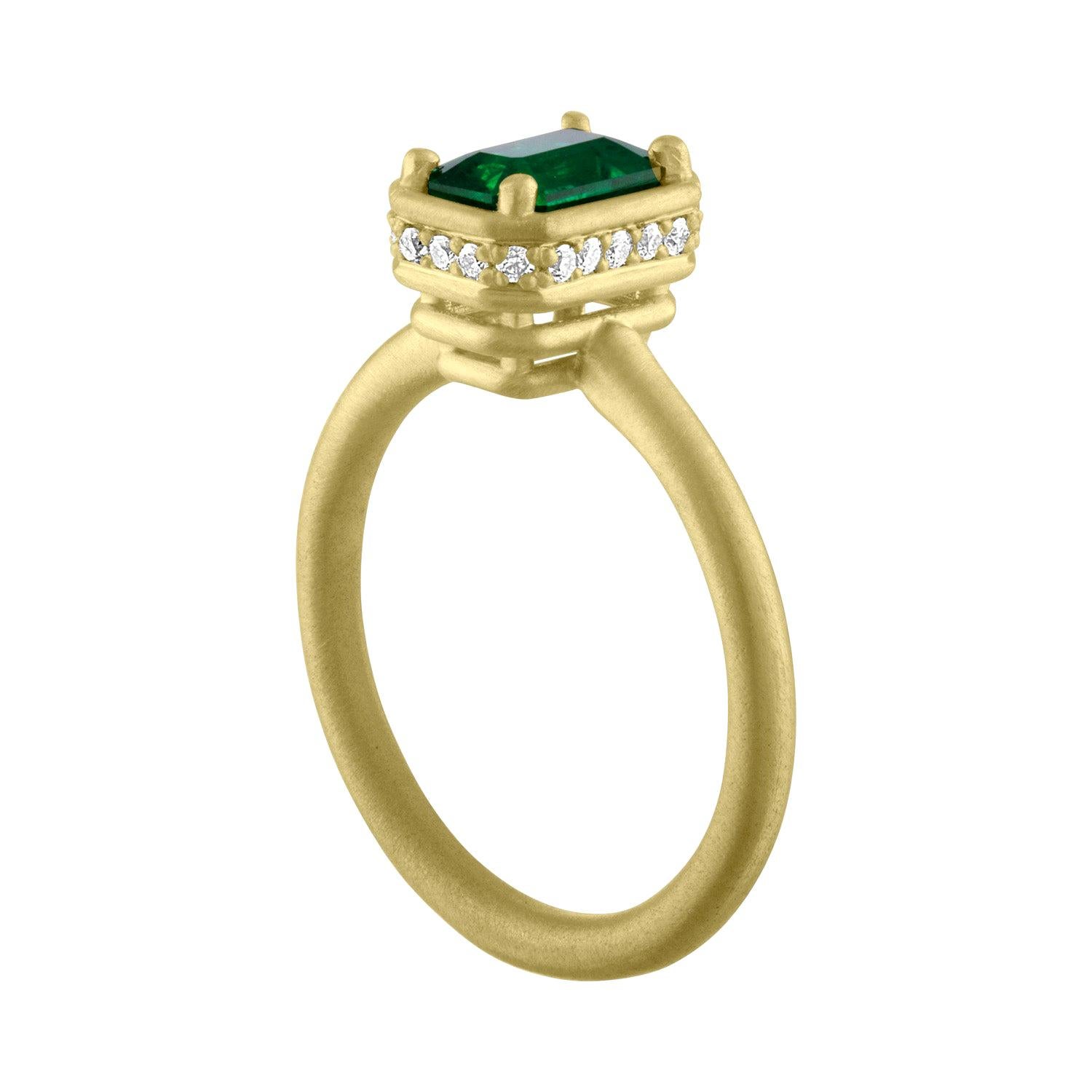 TATE .76 Carat Emerald and .14 Carat Diamond 18 Karat Matte Gold Layer Ring For Sale