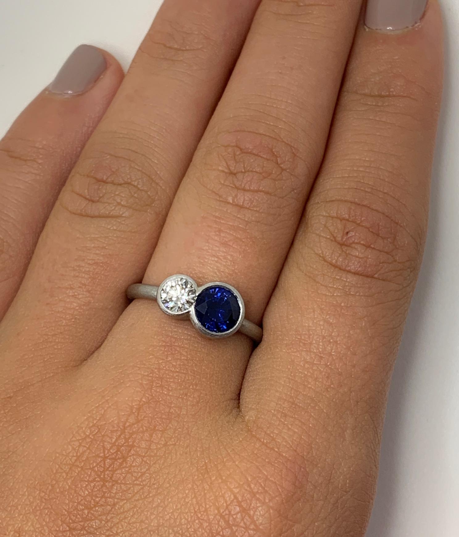 Round Cut TATE Fraternal 18K Matte Platinum .34 Carat Diamond and 1.10 Carat Sapphire Ring For Sale