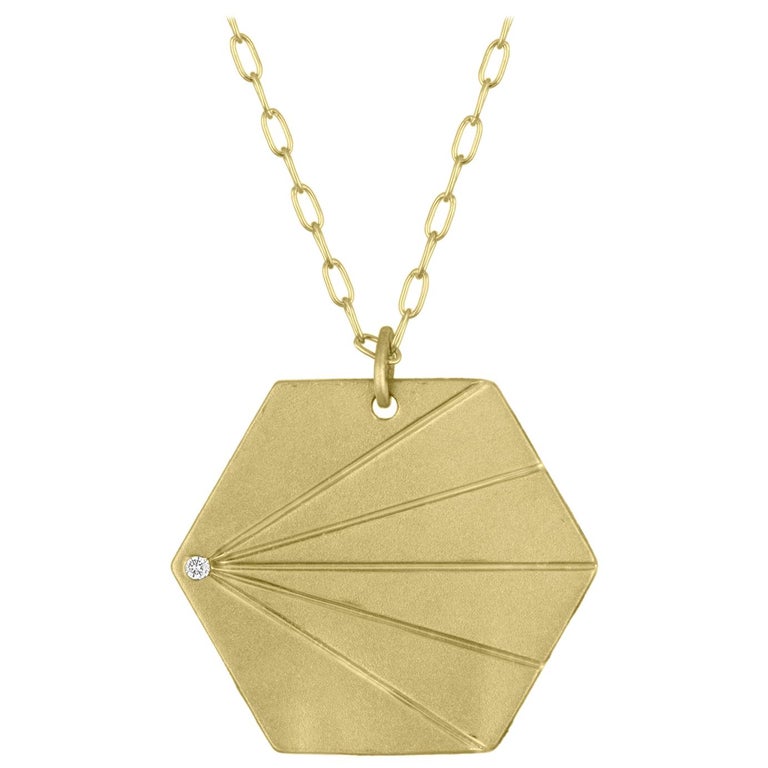TATE Hexagon Pendant 18 Karat Green Gold Diamond Accent Necklace Chain For Sale