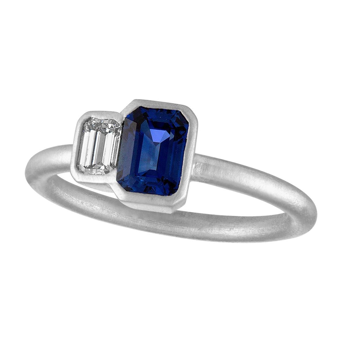 TATE Joined Matte Platinum .25 Carat Diamond and .69 Carat Sapphire Ring For Sale