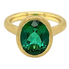 Tate Matte 18 Karat Oval Green Tourmaline Ring 4.06 Carat Diamond Accents .07ct