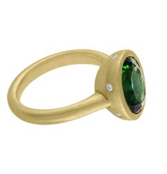 Tate Matte 18 Karat Oval Green Tourmaline Ring 4.06 Carat Diamond Accents .07ct