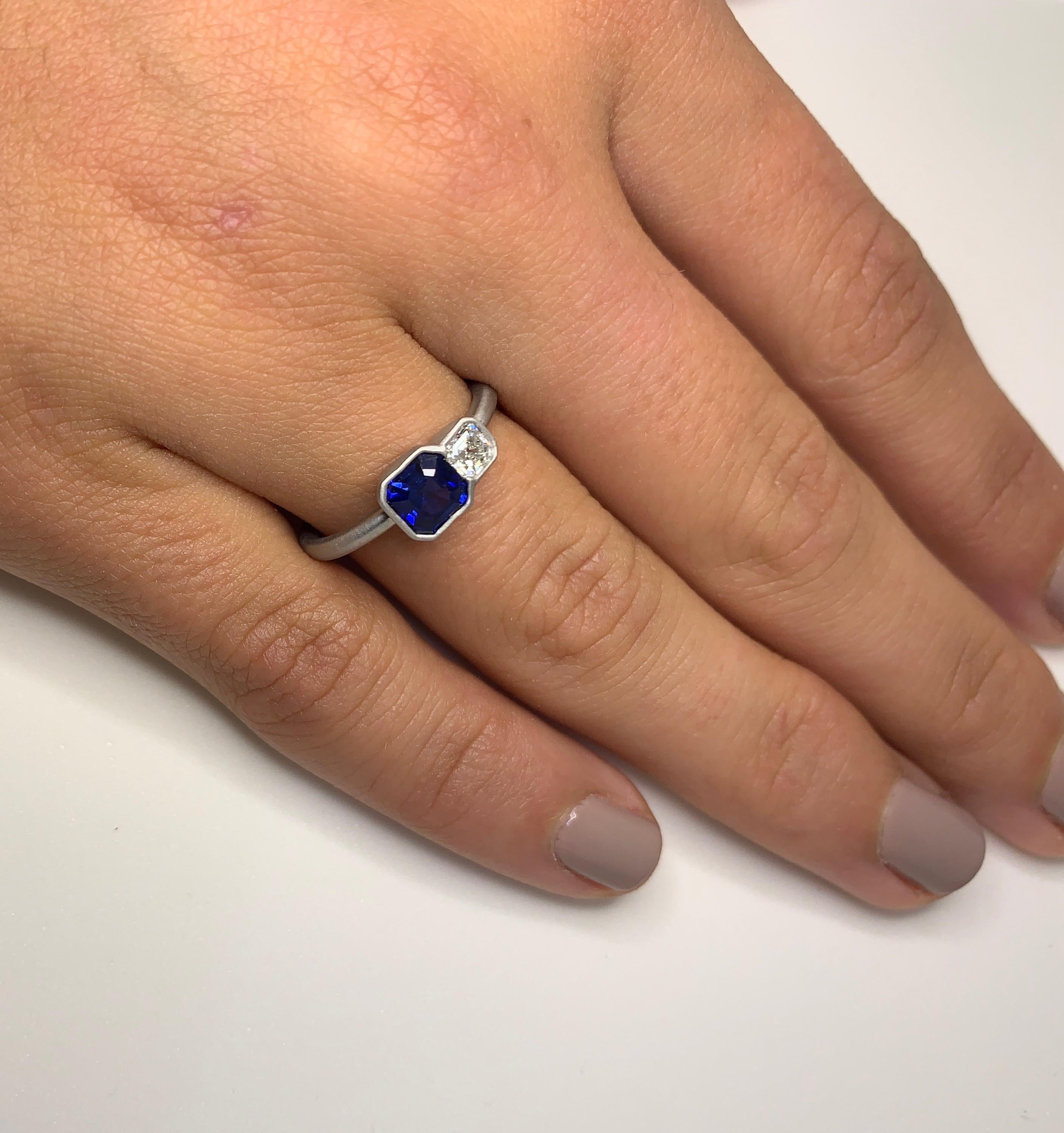 Matte Platinum Diamond & Sapphire Ring
Ascher Cut Sapphire .85ct Ascher Cut Diamond .21ct 
Approximately 3/8