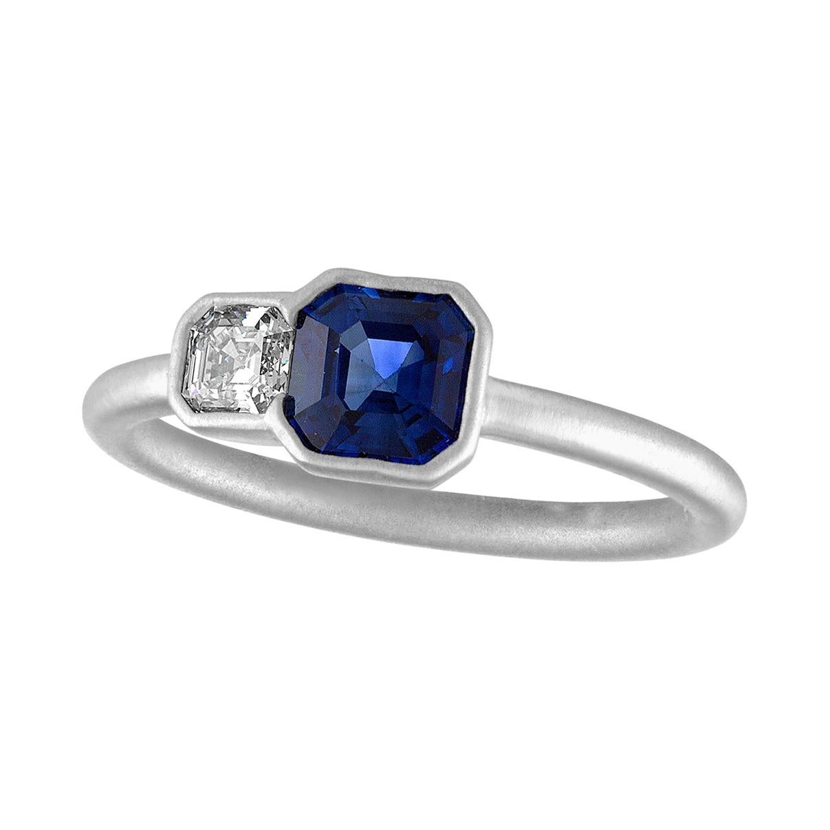 TATE Together Matte Platinum .21ct Diamond & .85ct Ascher Cut Sapphire Ring For Sale