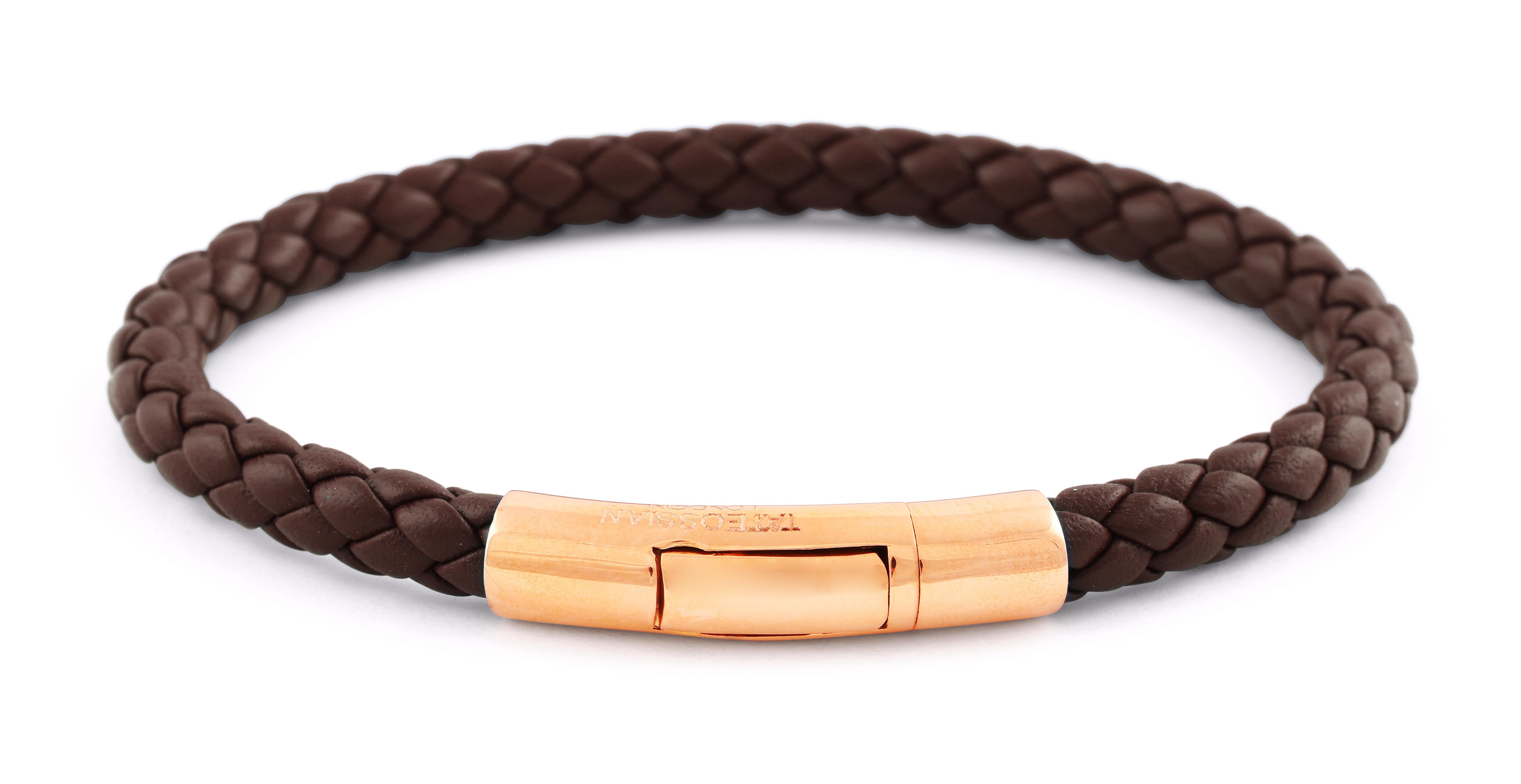 Genuine brown-coloured Italian leather is intricately hand-wrapped into our classic braid design, securely fastened with an 18k rose gold click clasp, all meticulously engineered in our Italian workshop. To open, simply push and hold the centre of