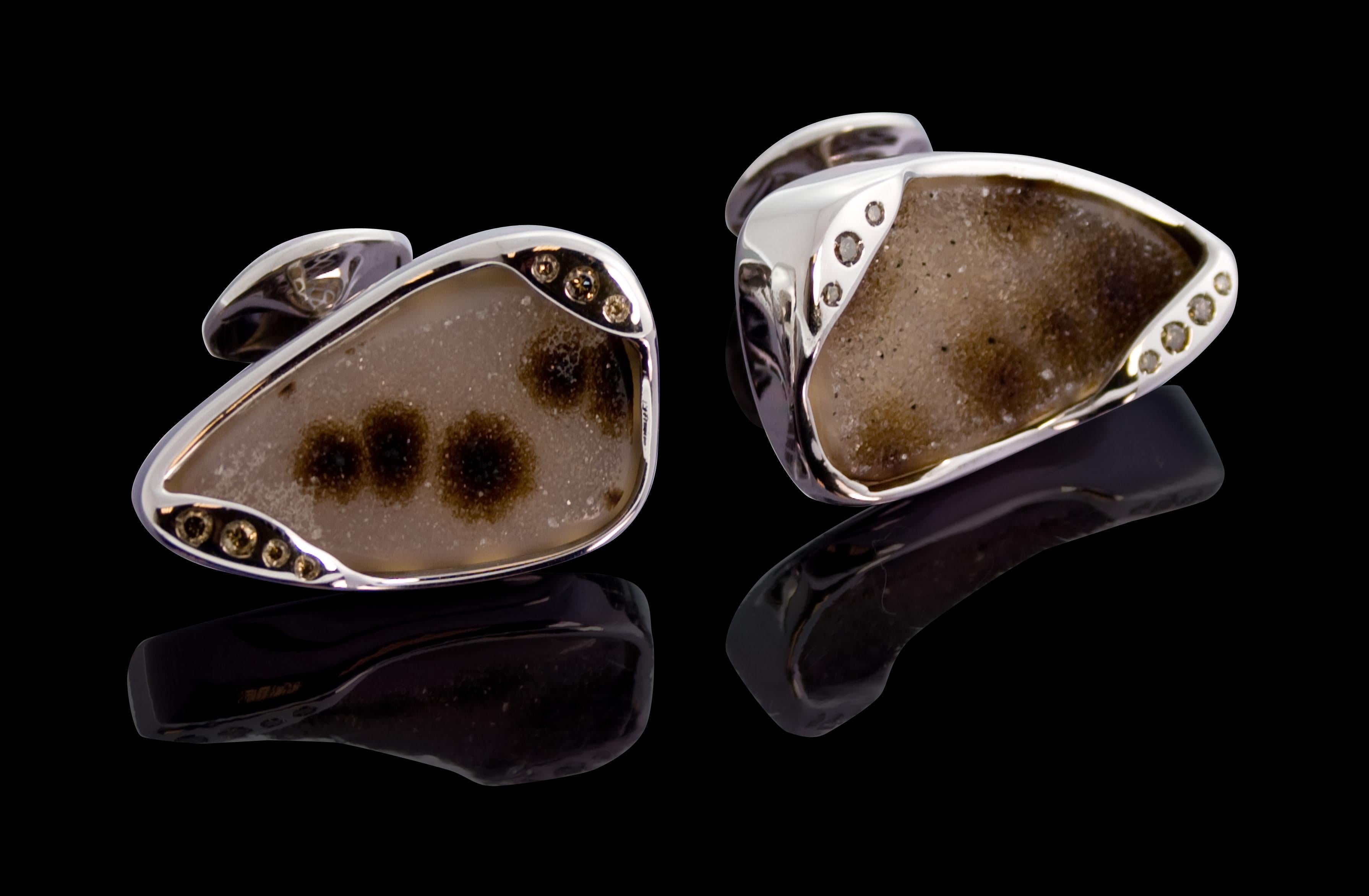 Modern Tateossian Cufflinks Dendritic Agate Drusy, Brown Diamonds and White Gold For Sale