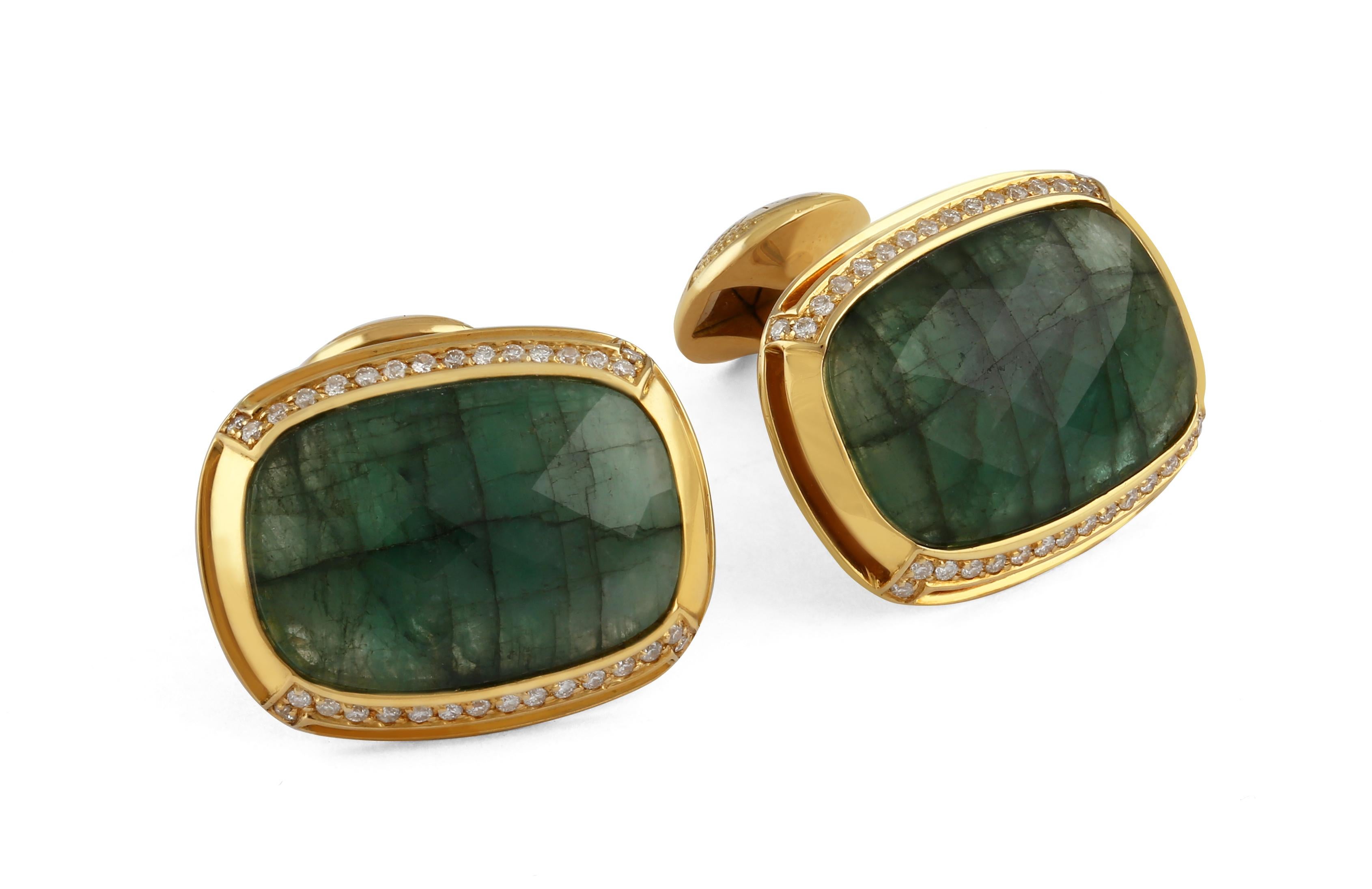 Tateossian Emerald White Diamonds Yellow Gold Cufflinks  In New Condition In Fulham business exchange, London