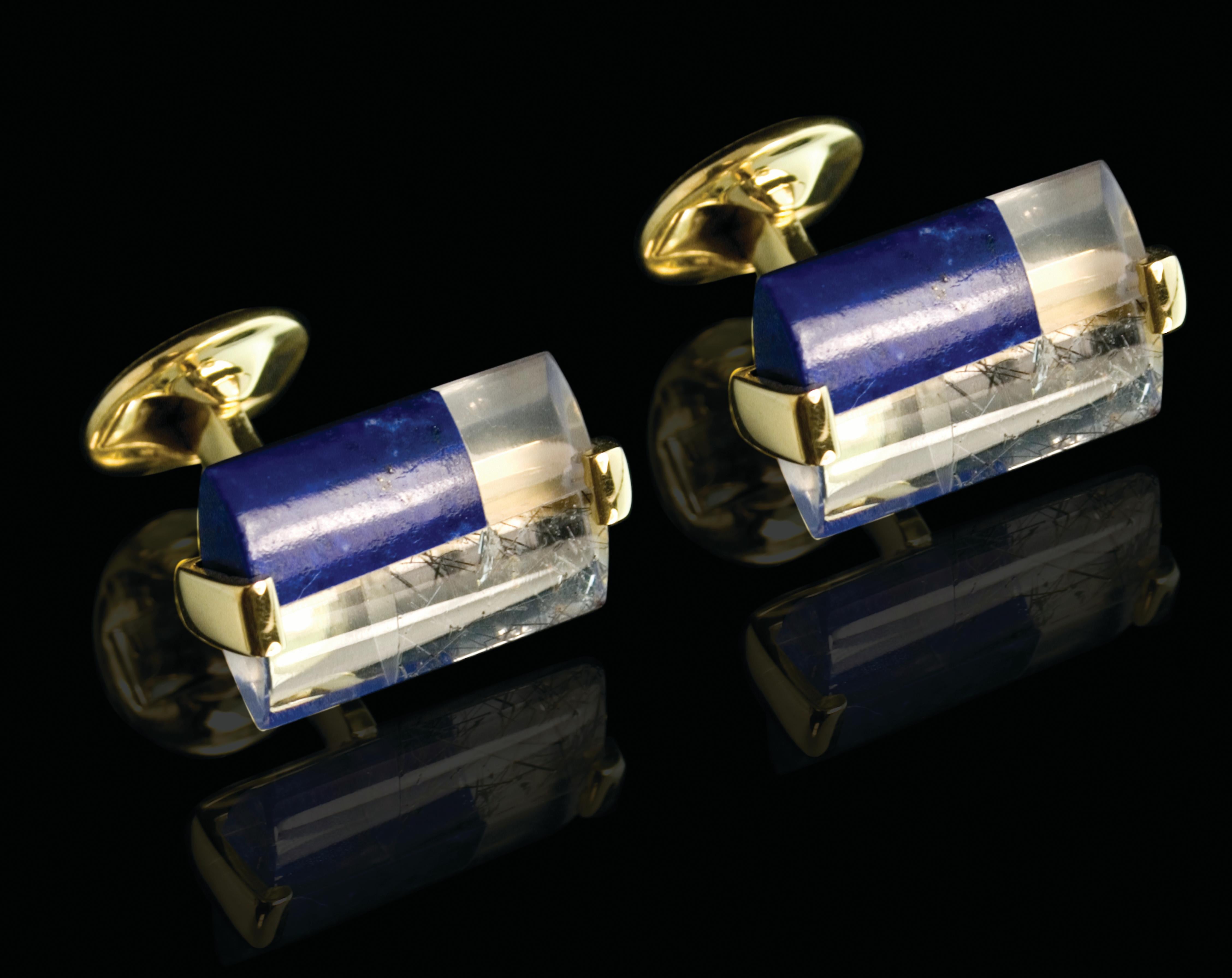 A unique pair of cufflinks with subtle beauty. The true beauty of each stone can be appreciated from all angles with this subtle case designed to securely hold the stone. This collection explores natural stones with rough jagged edges, and hand cut
