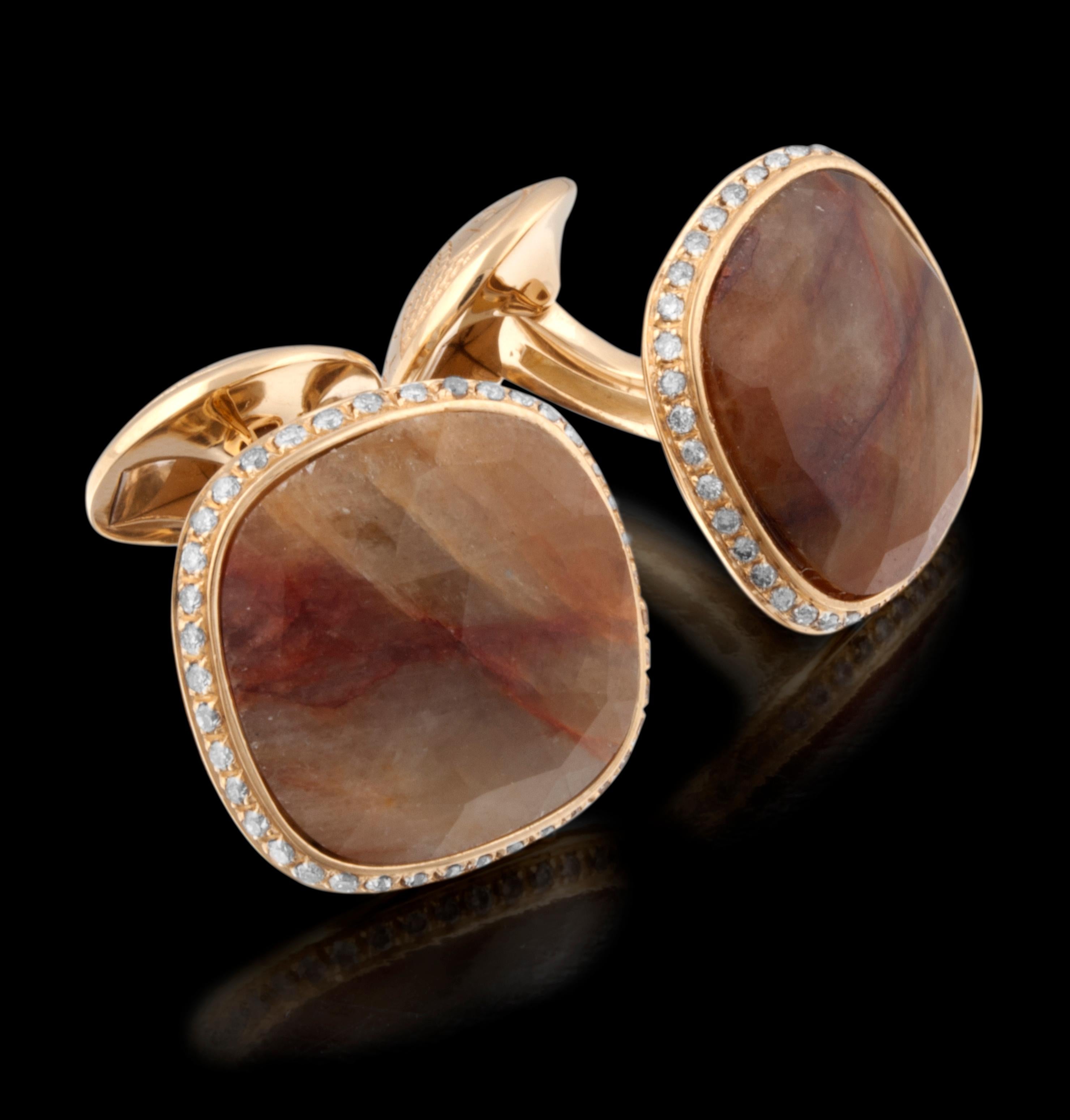 Faceted Cabochons of semi-precious and precious stones have been immaculately set within a perfect bezel setting, decorated with exquisite diamonds, scattered framing the stone. A classic collection of cufflinks that will remain timeless, to pass