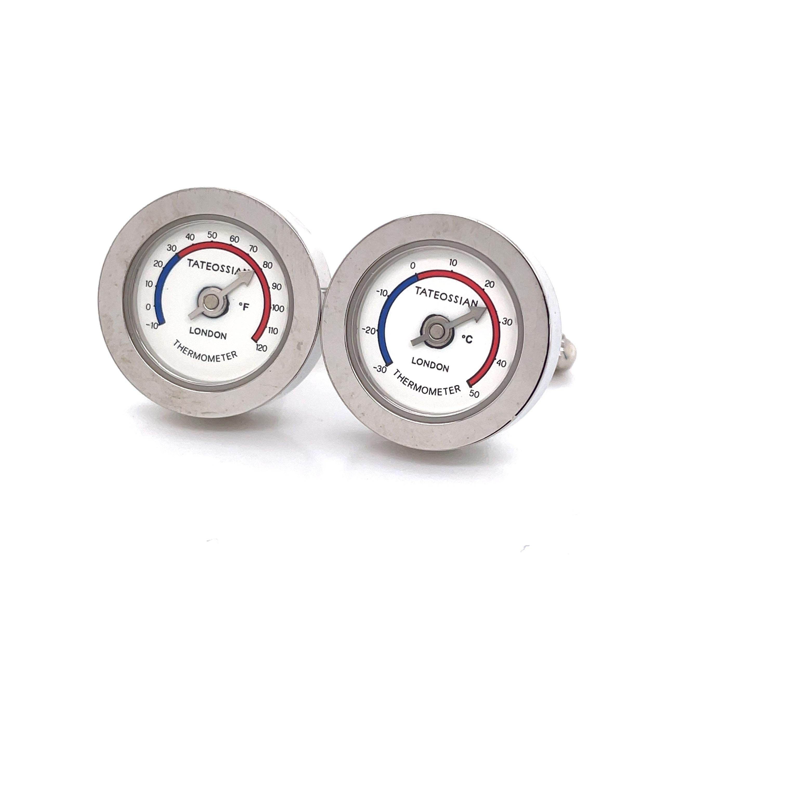 A stylish and fun wardrobe detail.  Enjoy this novelty pair of Tateossian London Thermometer Cuff Links. Round, measuring 20mm with a Celsius scale gauge and toggle backs.
Gift boxed.  
