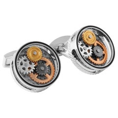 Tateossian Round Gear Carbon Fibre Cufflinks in Rhodium