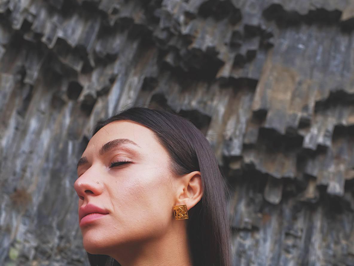 Women's or Men's Tatev Earrings are handcrafted from 24ct gold plated bronze For Sale