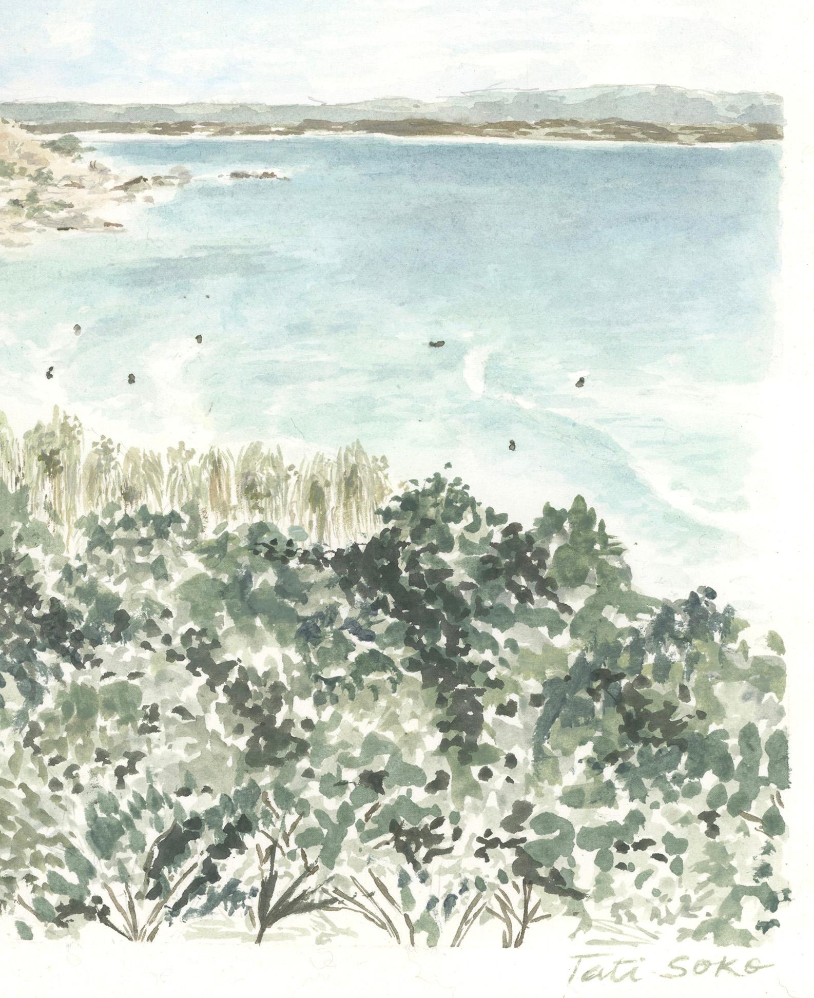 Bay – Einzigartiges Landschafts-Aquarellgemälde, 2022 (Grau), Still-Life Painting, von Tati Soko