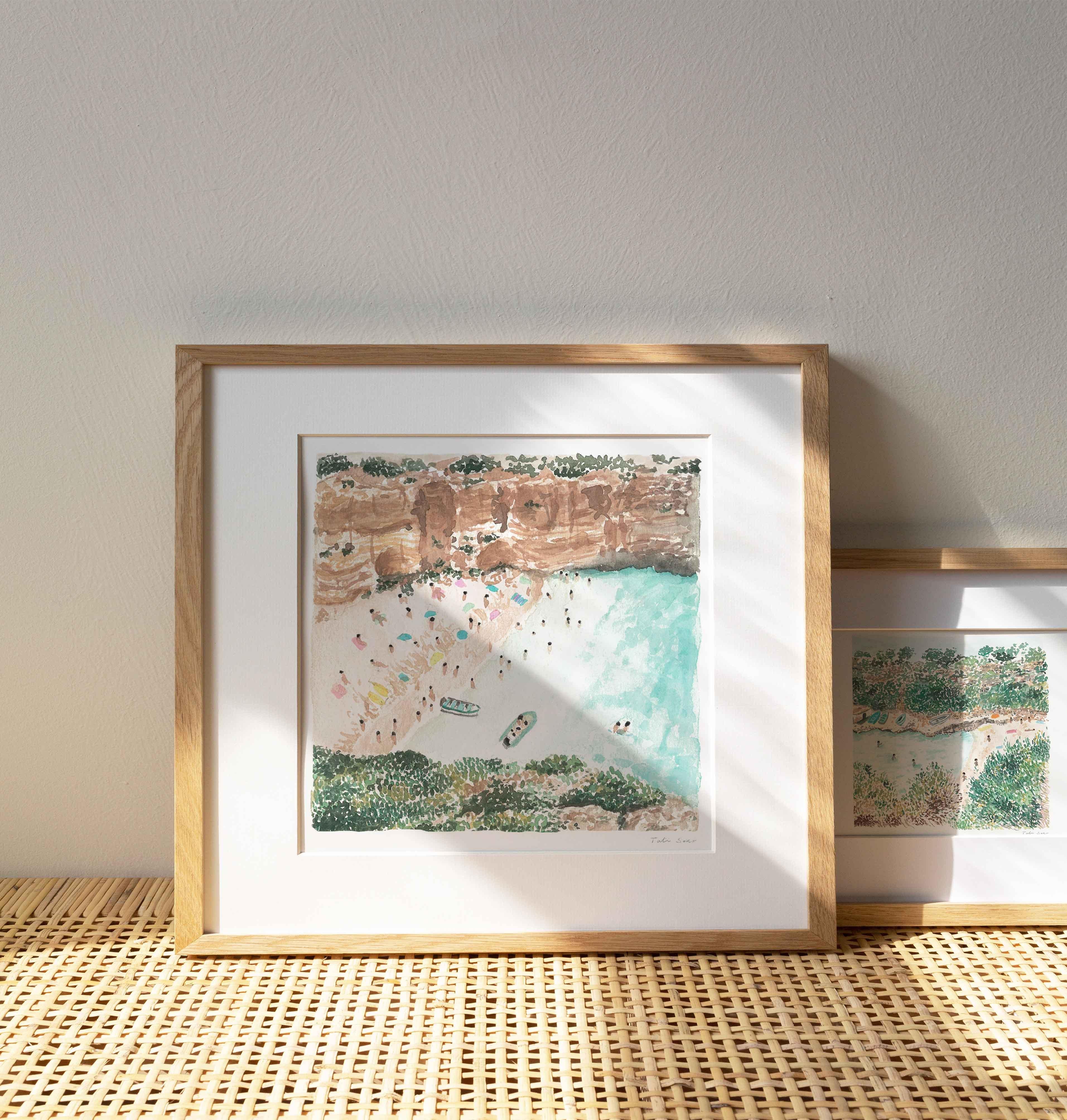 Ericeira
Original Figurative Watercolor on Archival Cotton Paper
This figurative watercolor painting comes to life, transporting us to the sun-drenched shores of a pristine beach against the azure embrace of the Mediterranean Sea. This captivating
