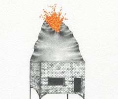 "(An)Obsidian Return", gouache, graphite, drawing, brick building, grey, orange