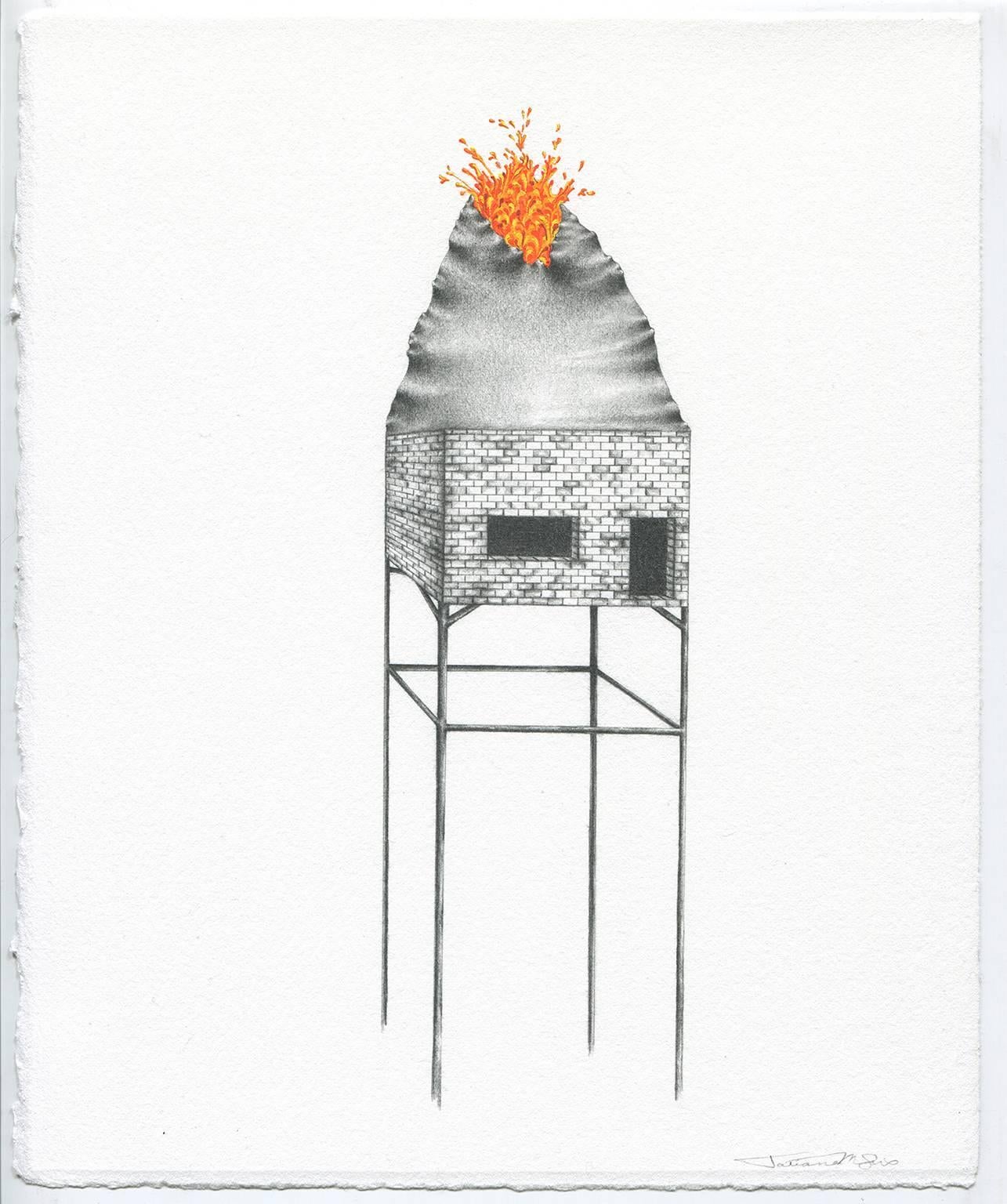 "(An)Obsidian Return", gouache, graphite, drawing, brick building, grey, orange - Painting by Tatiana Flis