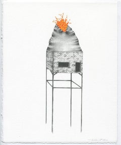 "(An)Obsidian Return", gouache, graphite, drawing, brick building, grey, orange