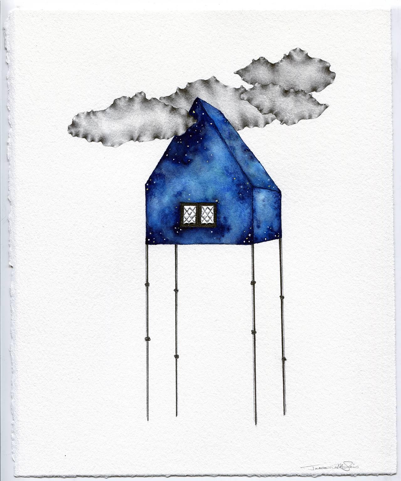 "Ripple Idly", contemporary, blues, house, white, graphite, gouache, drawing