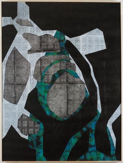 "A Satellite's View", Abstract, Graphic, Blue, Black, White, Acrylic Monoprint