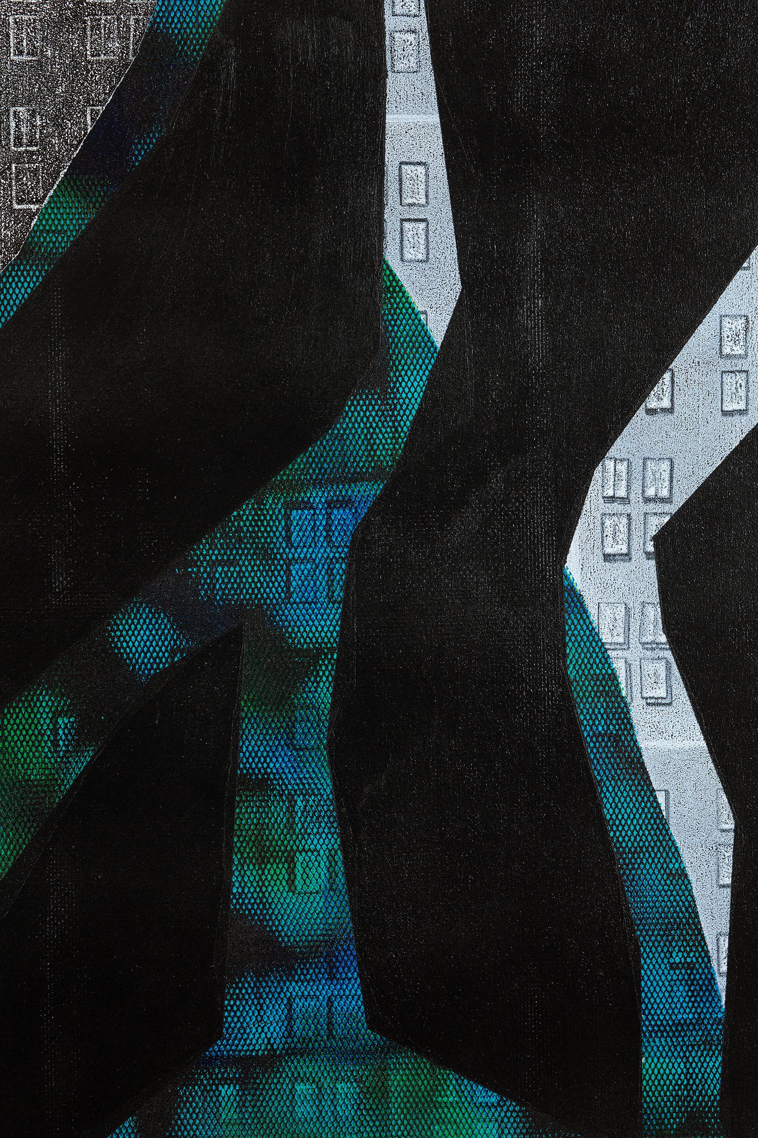 Tatiana Flis’ “A Satellite’s View” is a 48 x 36 inch abstract acrylic painting created with multiple monoprinting methods on a birch wood panel. Bold black graphic shapes overlay a rectangle window pattern which is repeated in black, white, teal