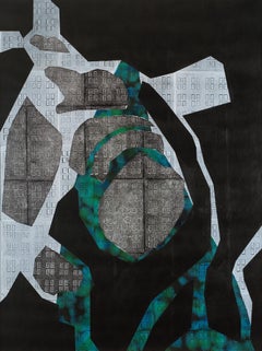 „A Satellite's View“, abstrakt, grafisch, schwarz, weiß, blau, Acryl, Monodruck