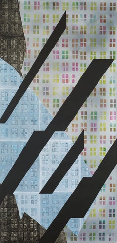 "Averted Vision", acrylic, monoprint, abstract, windows, pastel, rainbow, black
