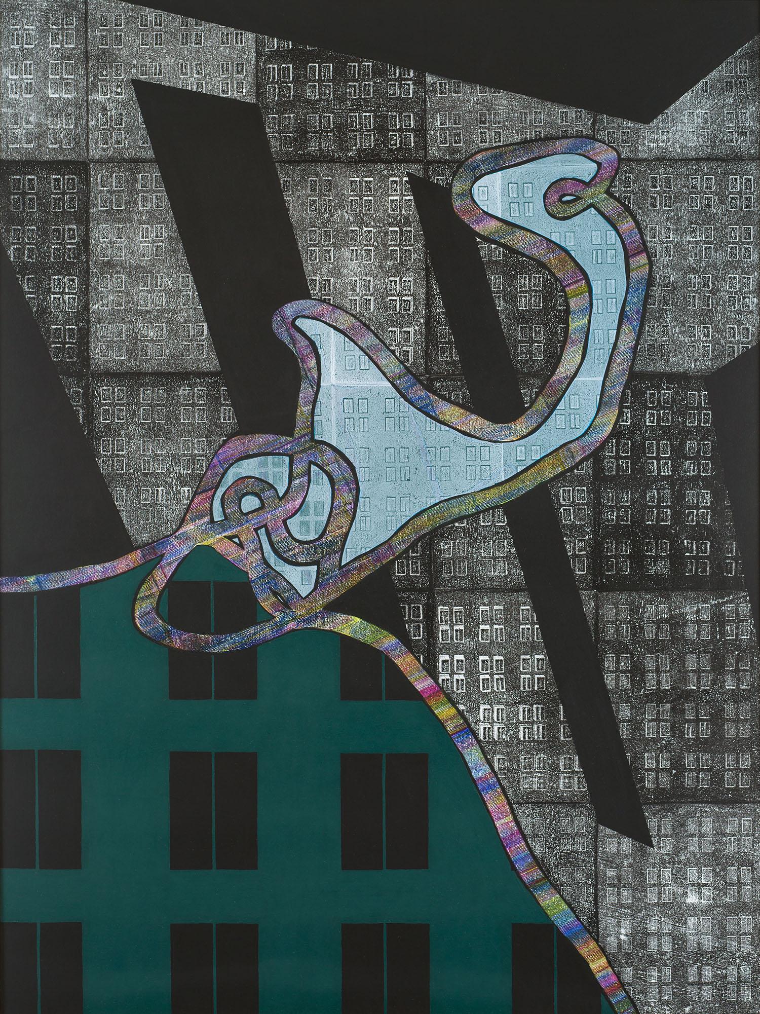 "Effetto Osservatore", astratto, nero, bianco, blu, arcobaleno, acrilico, monoprint