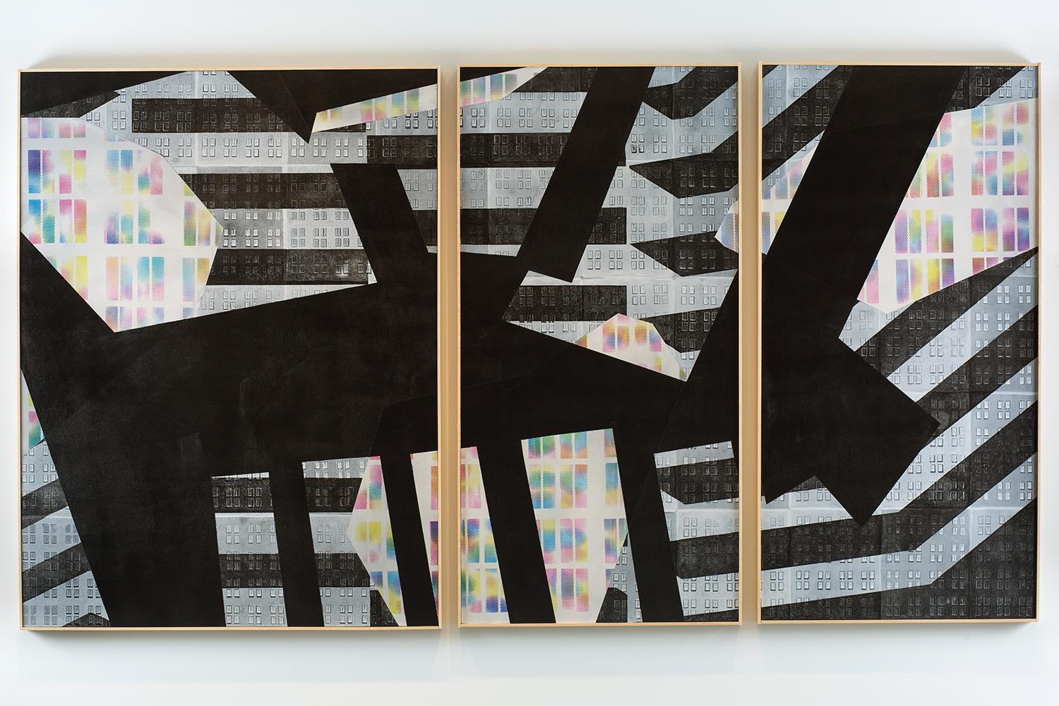 "Prairie Night", abstract, triptych, window, rainbow, black, acrylic, monoprint
