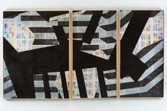 "Prairie Night", acrylic, monoprint, abstract, triptych, window, rainbow, black
