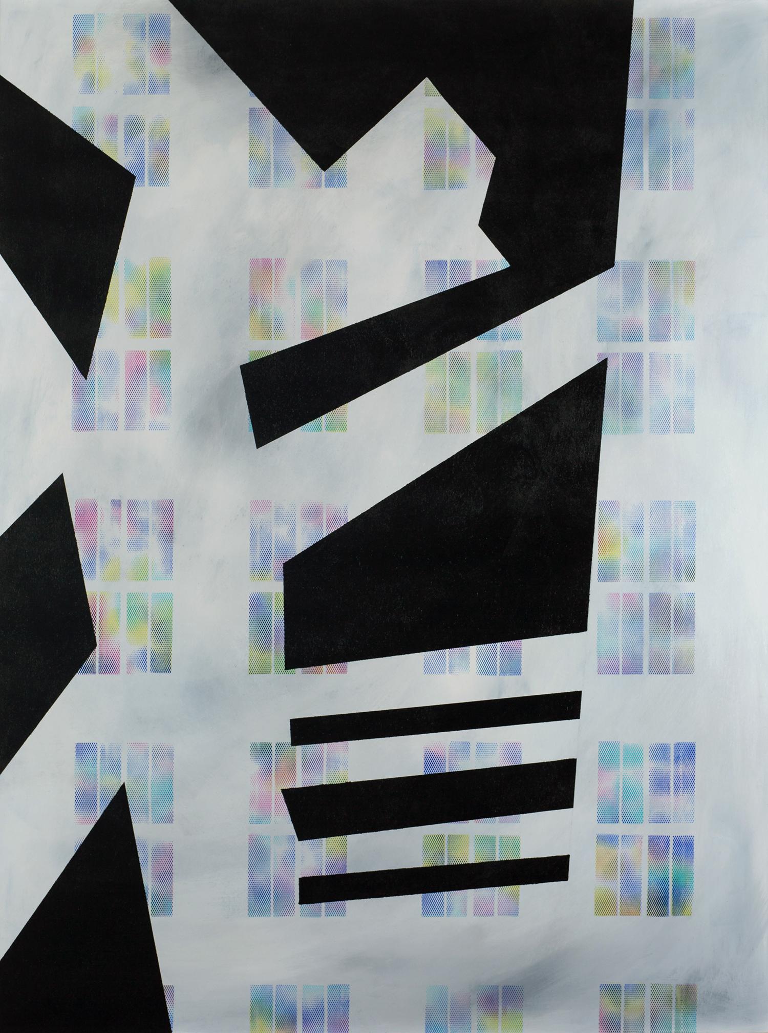 "Radio Silence", abstract, graphic, blue, purple, red, green, acrylic, monoprint - Painting by Tatiana Flis