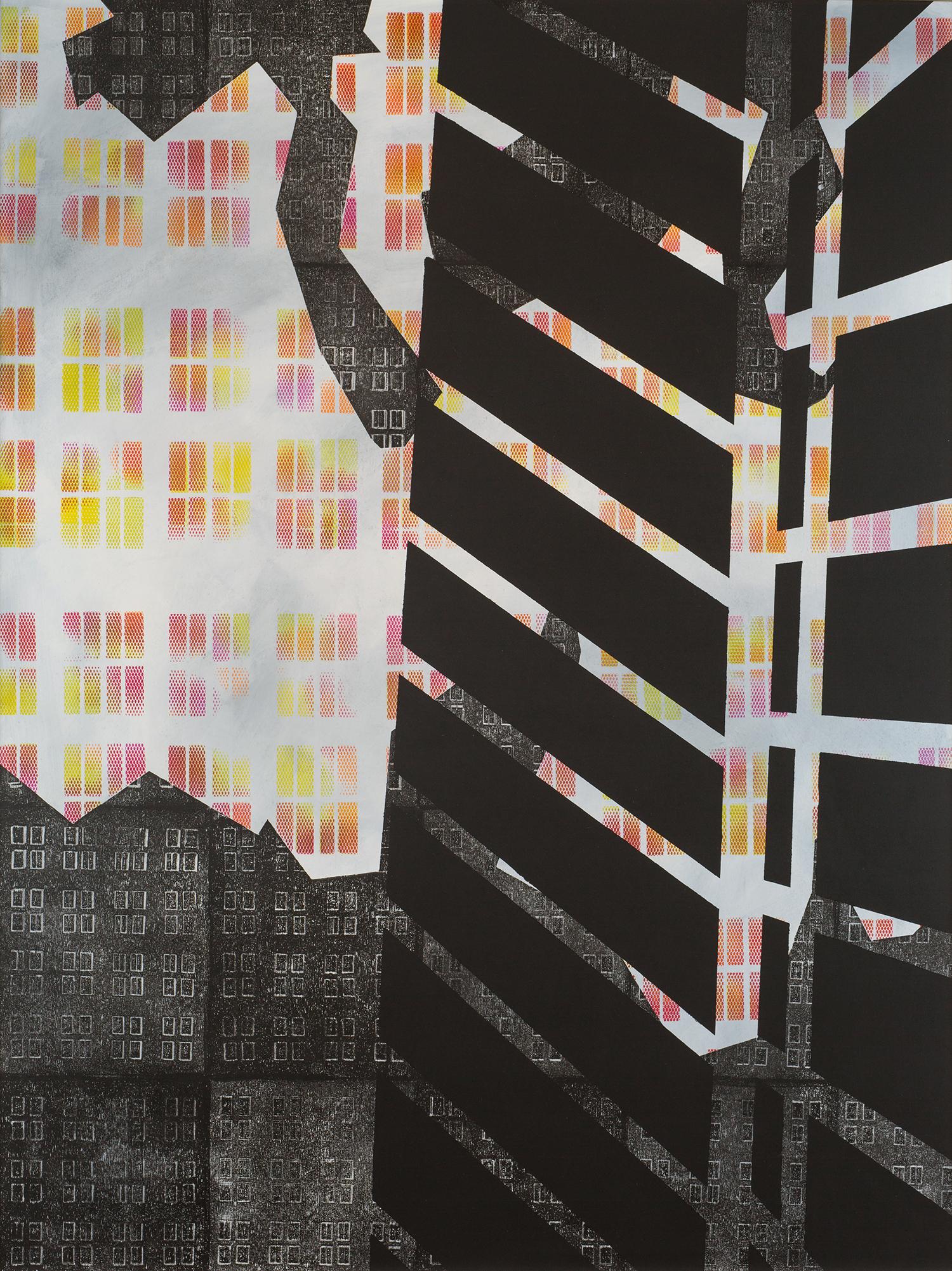 "Shifting Horizons", astratto, finestre, rosso, giallo, bianco, acrilico, monostampa