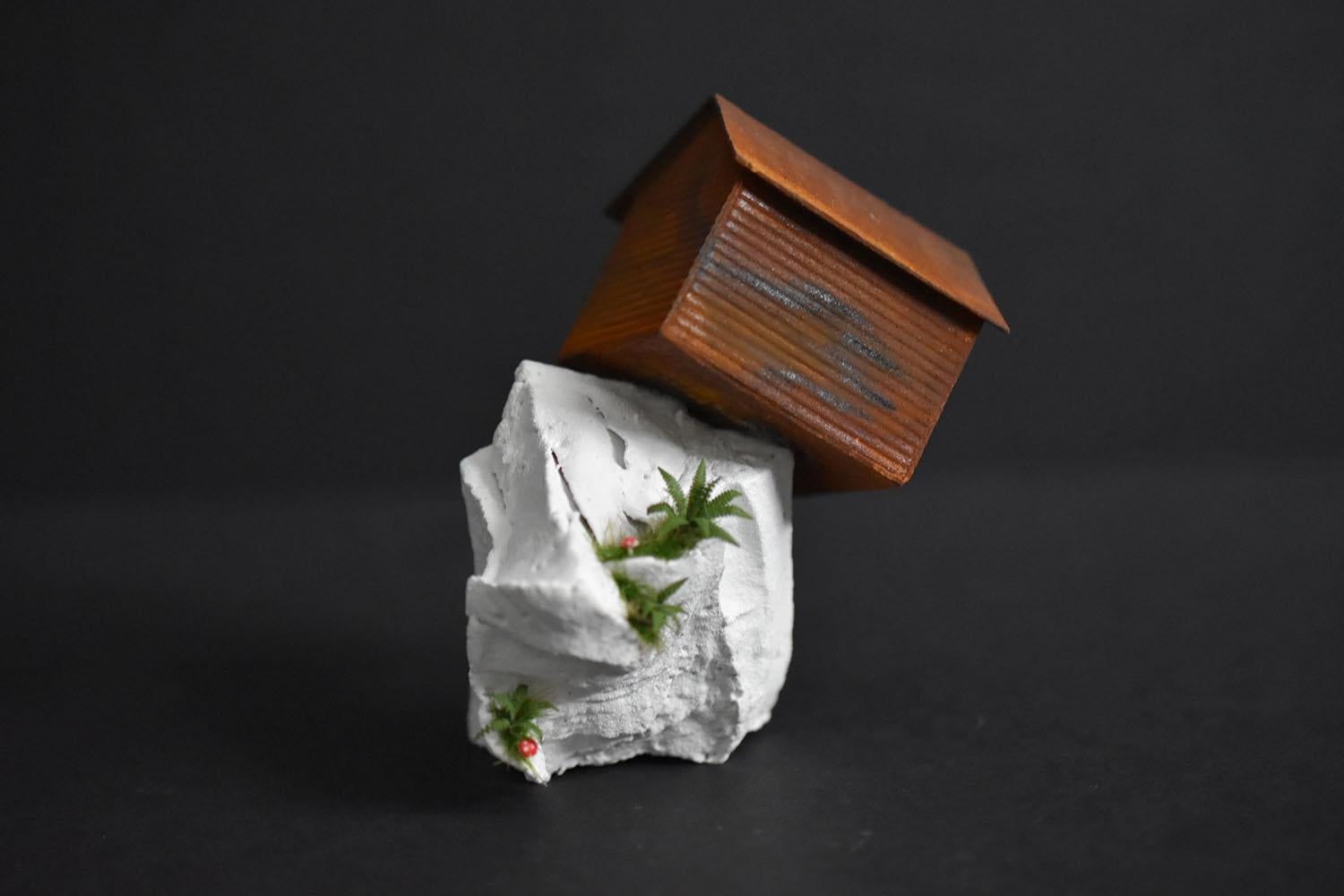 "Off the Edge", mixed media, miniature, landscape, sculpture, home, orange, rust - Sculpture by Tatiana Flis